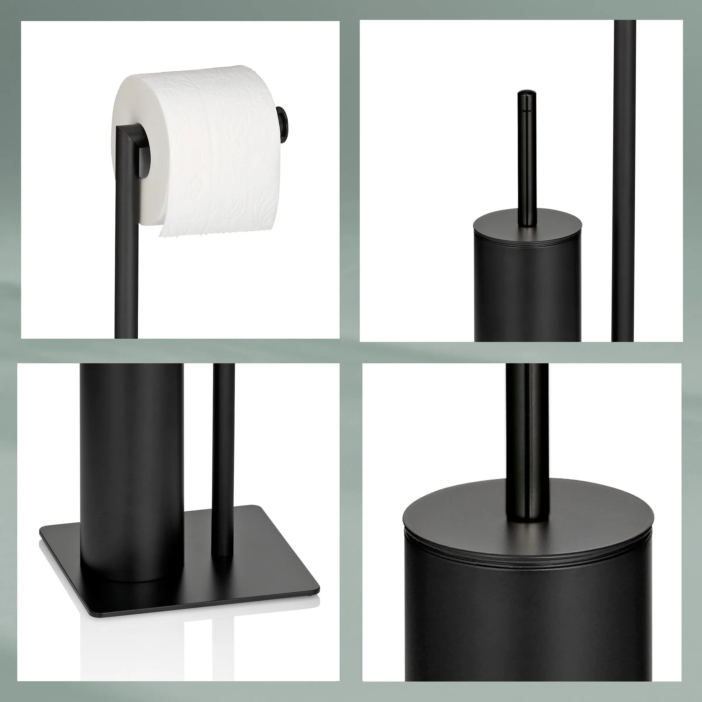 Schwarzes Badezimmer Accessoire Set - Toilettenpapierhalter und WC-Bürste Schwarzes Badezimmer-Set mit Toilettenpapierhalter, WC-Bürste und Ständer in modernem Design
