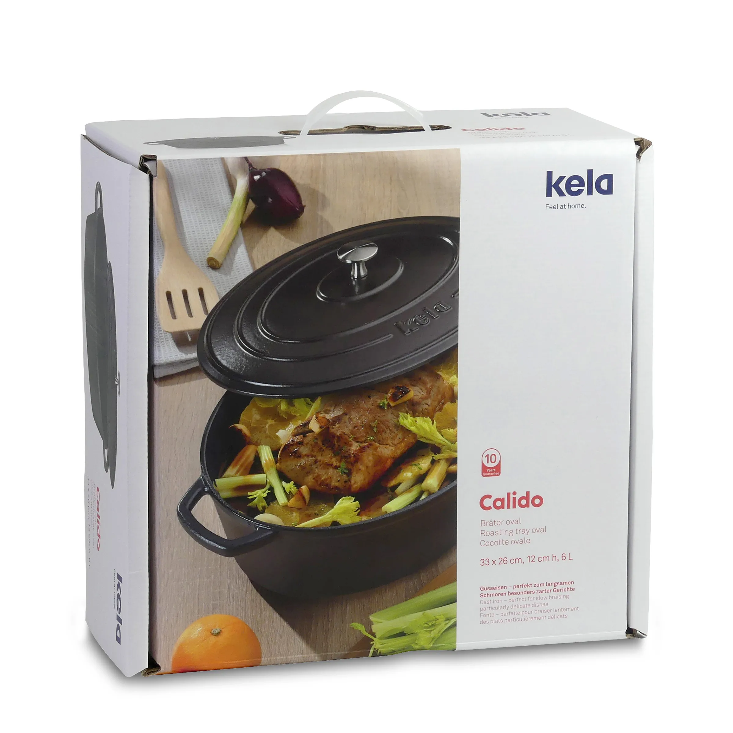 Kela Calido ovaler Bräter schwarz mit Deckel, gefüllt mit Fleisch und Gemüse, Verpackung mit 6 L Kapazität