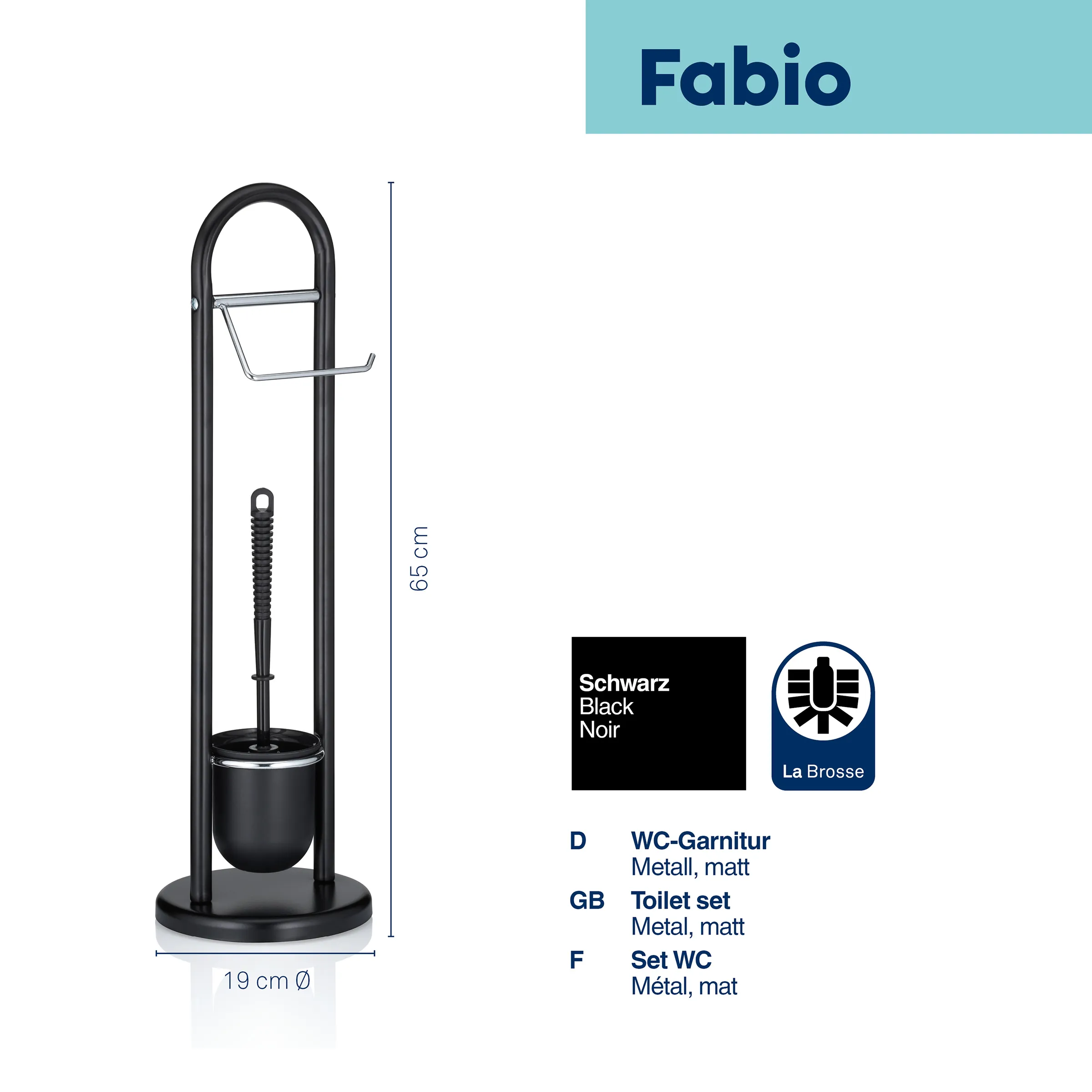 Set WC Fabio Noir Mat Métal Brosse Toilette Accessoires Set WC Fabio en noir mat, 65 cm de hauteur, avec brosse WC et support, qualité La Brosse
