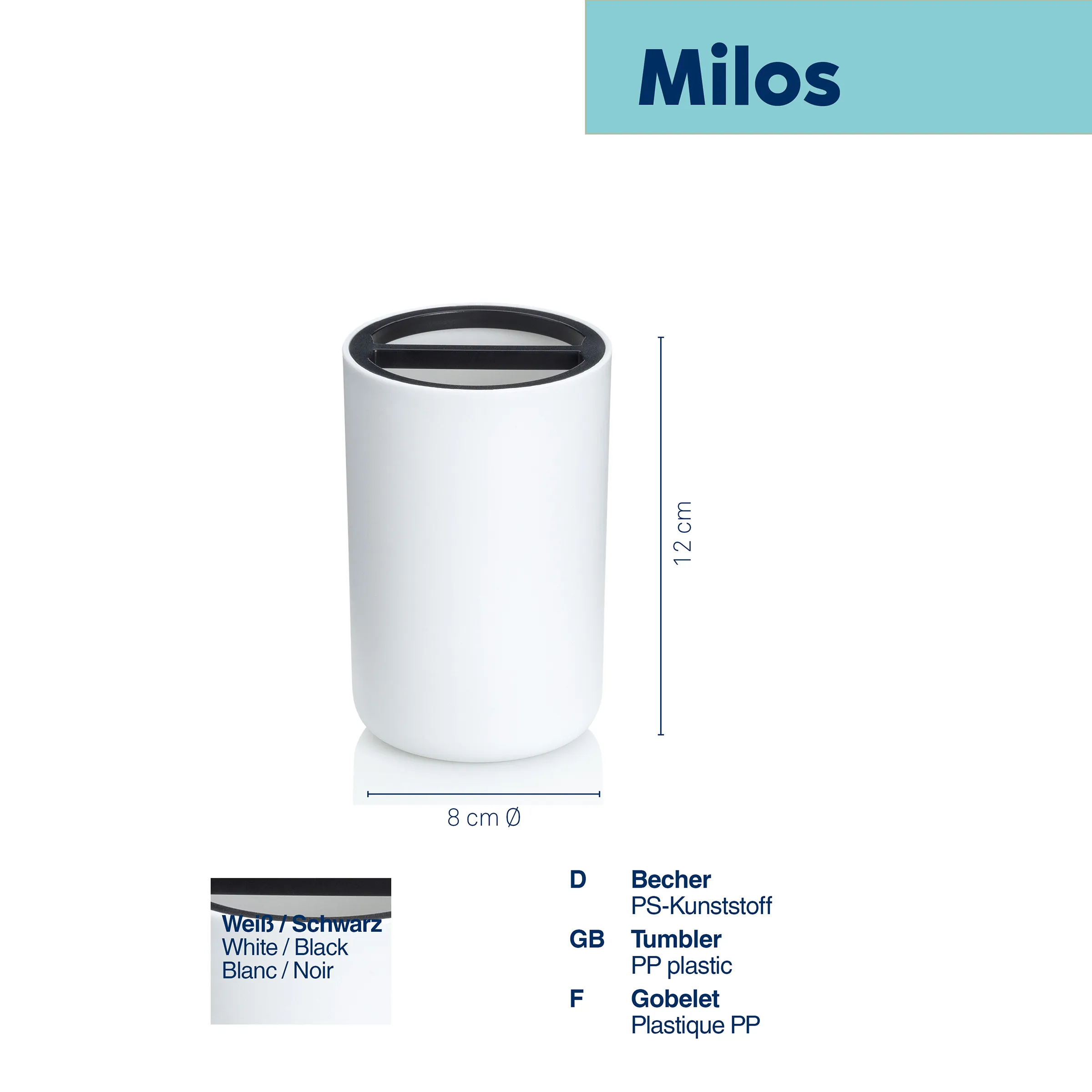 Milos Kunststoff Becher weiß schwarz PP-Trinkbecher Weißer Kunststoff-Becher Milos mit schwarzem Rand, 8 cm Durchmesser, 12 cm Höhe