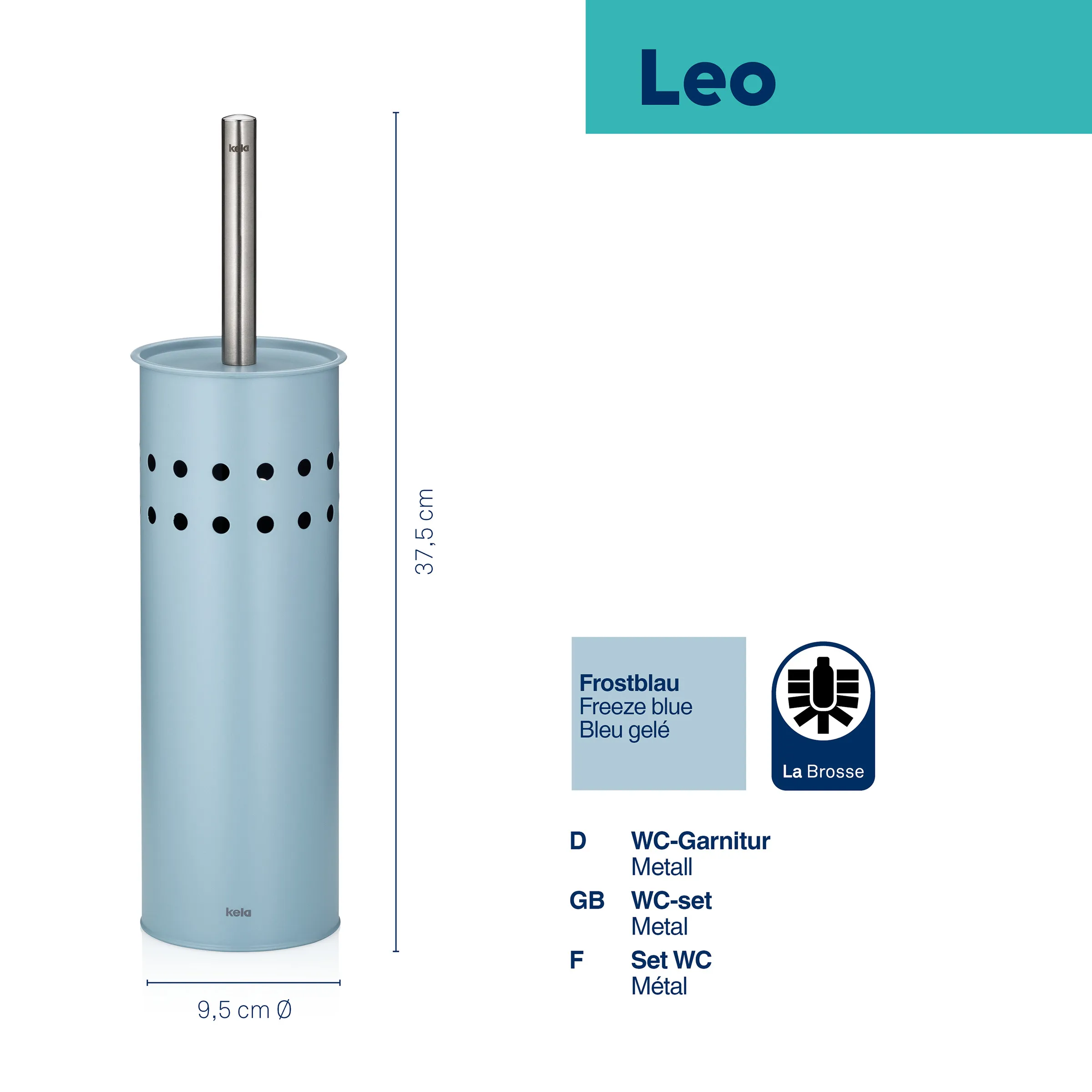 Leo WC-Garnitur in Frostblau mit Metallzylinder und Behälter, Höhe 37,5 cm, Durchmesser 9,5 cm