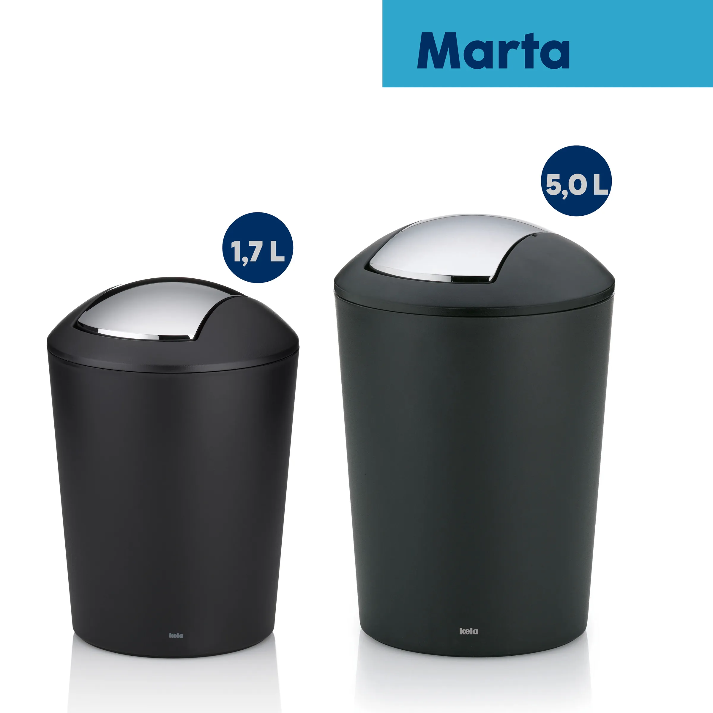 Marta Schwingdeckel-Abfalleimer 1,7 L und 5,0 L - Kela Badezimmer Mülleimer Set Zwei schwarze Marta Schwingdeckel-Abfalleimer von Kela in 1,7 L und 5,0 L Größe nebeneinander
