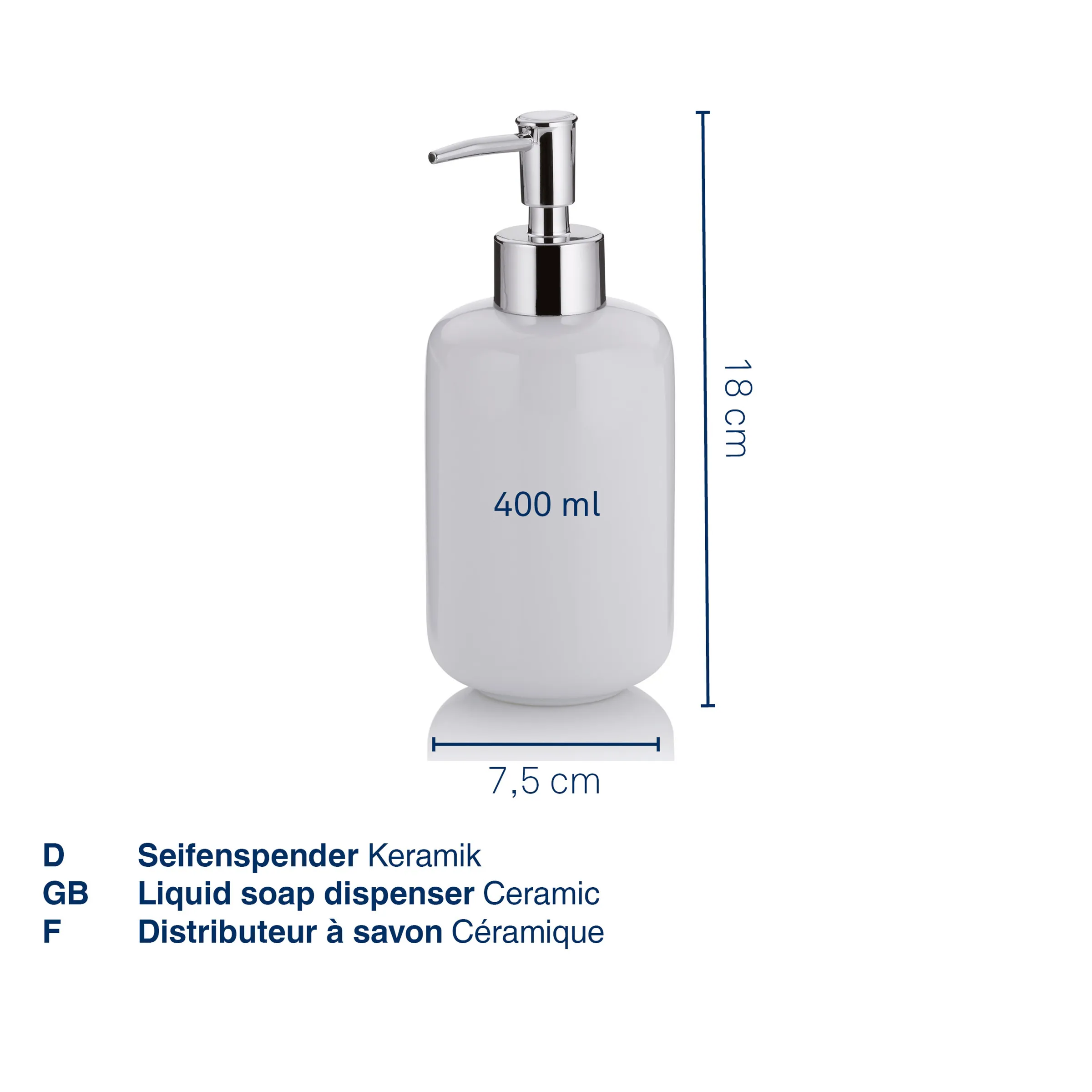 Seifenspender Keramik 400ml - Weiß mit Chrompumpe für Bad und Küche Weißer Keramik-Seifenspender 400 ml mit Chromaufsatz, Maße 18 cm Höhe x 7,5 cm Breite