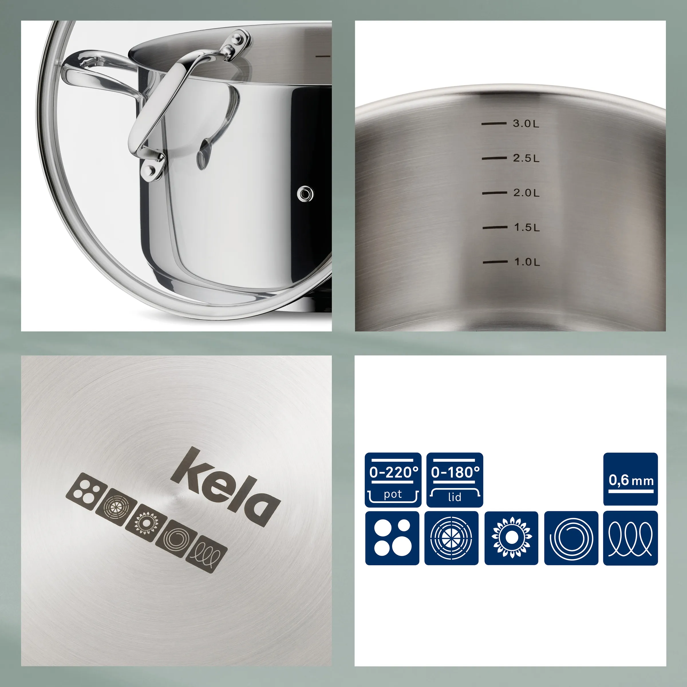 Kela Kochtopf Edelstahl mit Deckel und Messskala Kela Edelstahl-Kochtopf mit Glasdeckel, Messskala bis 3,0L und Induktionsmarkierungen auf dem Boden