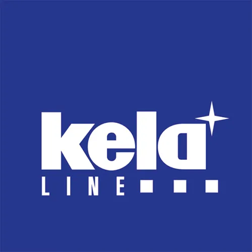 Kela Line Logo - Markenidentität Kela Line Logo auf blauem Hintergrund mit weißer Schrift und Stern-Symbol