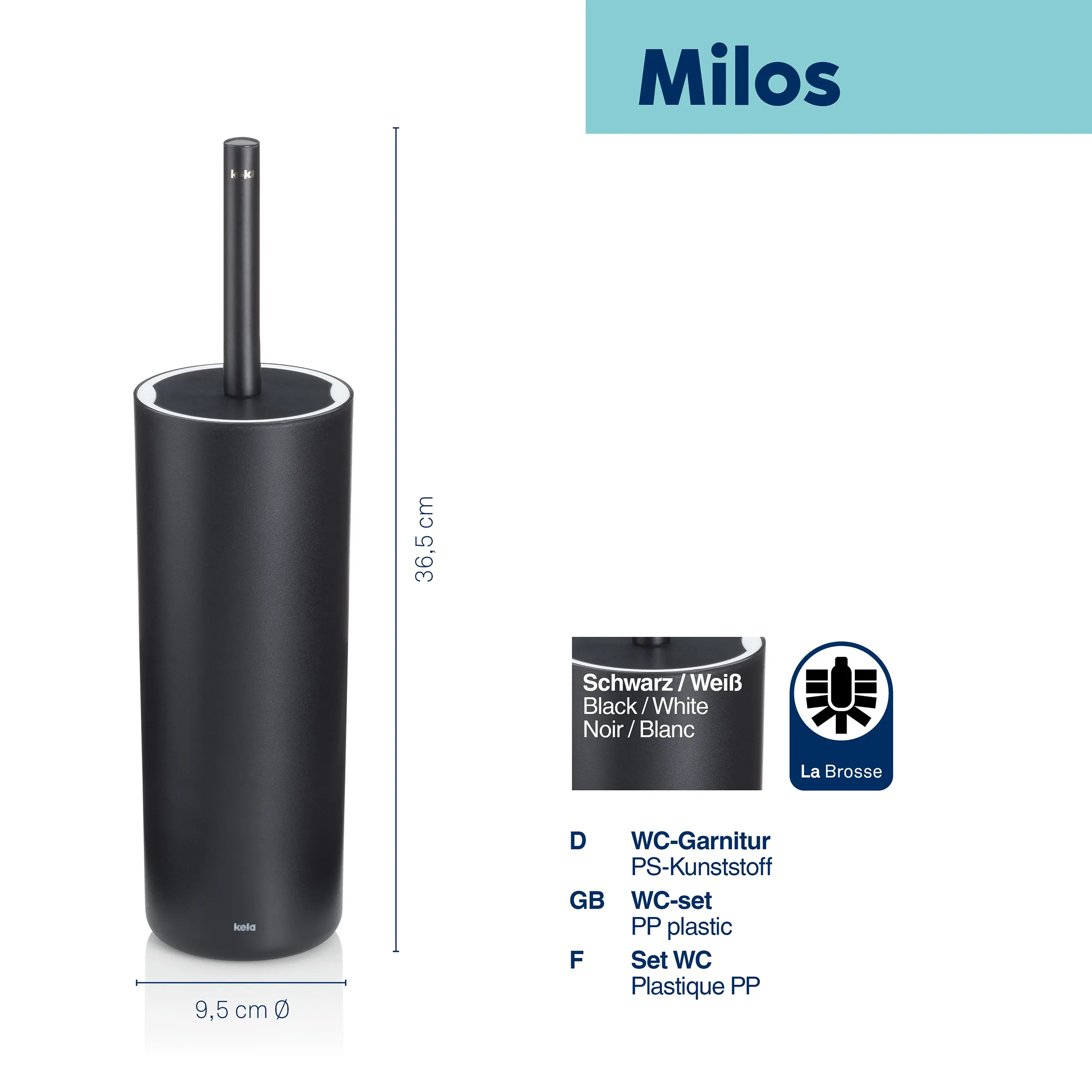 Milos WC-Bürste von La Brosse: Schwarze Kunststoffgarnitur mit Behälter, 36,5 cm hoch, 9,5 cm Durchmesser