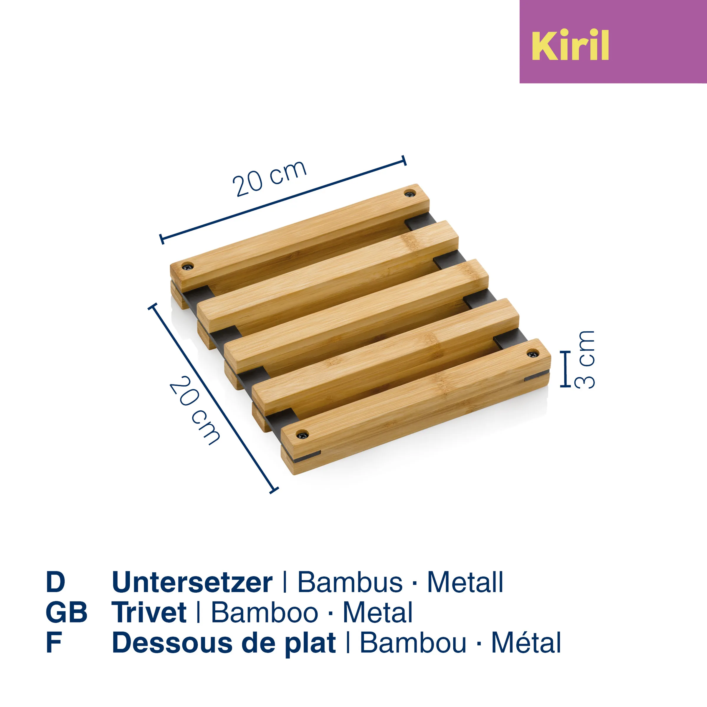 Bambus Untersetzer mit Metallgriffen – Küche Tablett Bambus-Untersetzer mit 5 Lamellen und schwarzen Metallgriffen, 20 cm breit, 20 cm tief, 13 cm hoch