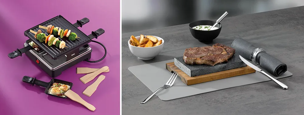 Raclette Grill Set - Tischgrill mit Zubehör Raclette-Grill mit Gemüsespießen auf lila Hintergrund links, rechts Steak auf Basaltstein mit Beilagen und Besteck