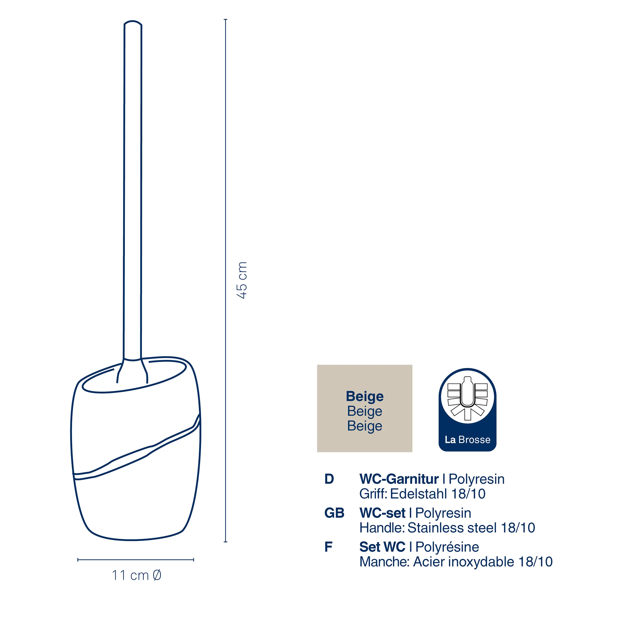 Beige Toilettenbürste mit Edelstahlgriff, 45 cm Höhe, 11 cm Durchmesser. Polyresin-Material mit La Brosse Logo.