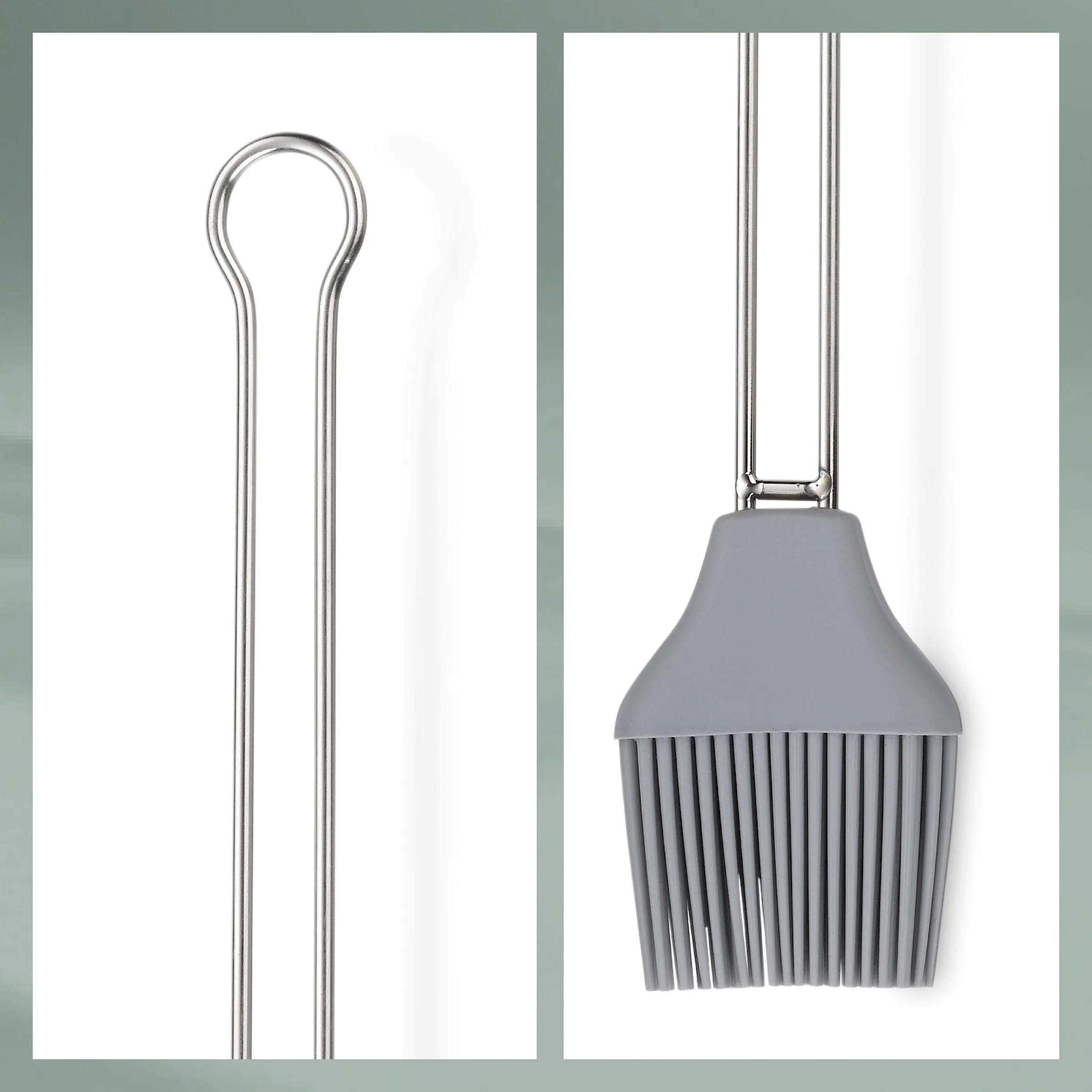 Silikon-Backpinsel mit Metallgriff - Hitzebeständiger Küchenpinsel Graues Silikon-Backpinsel mit Metallstiel und rundem Griff, daneben Detailansicht mit Silikonborsten