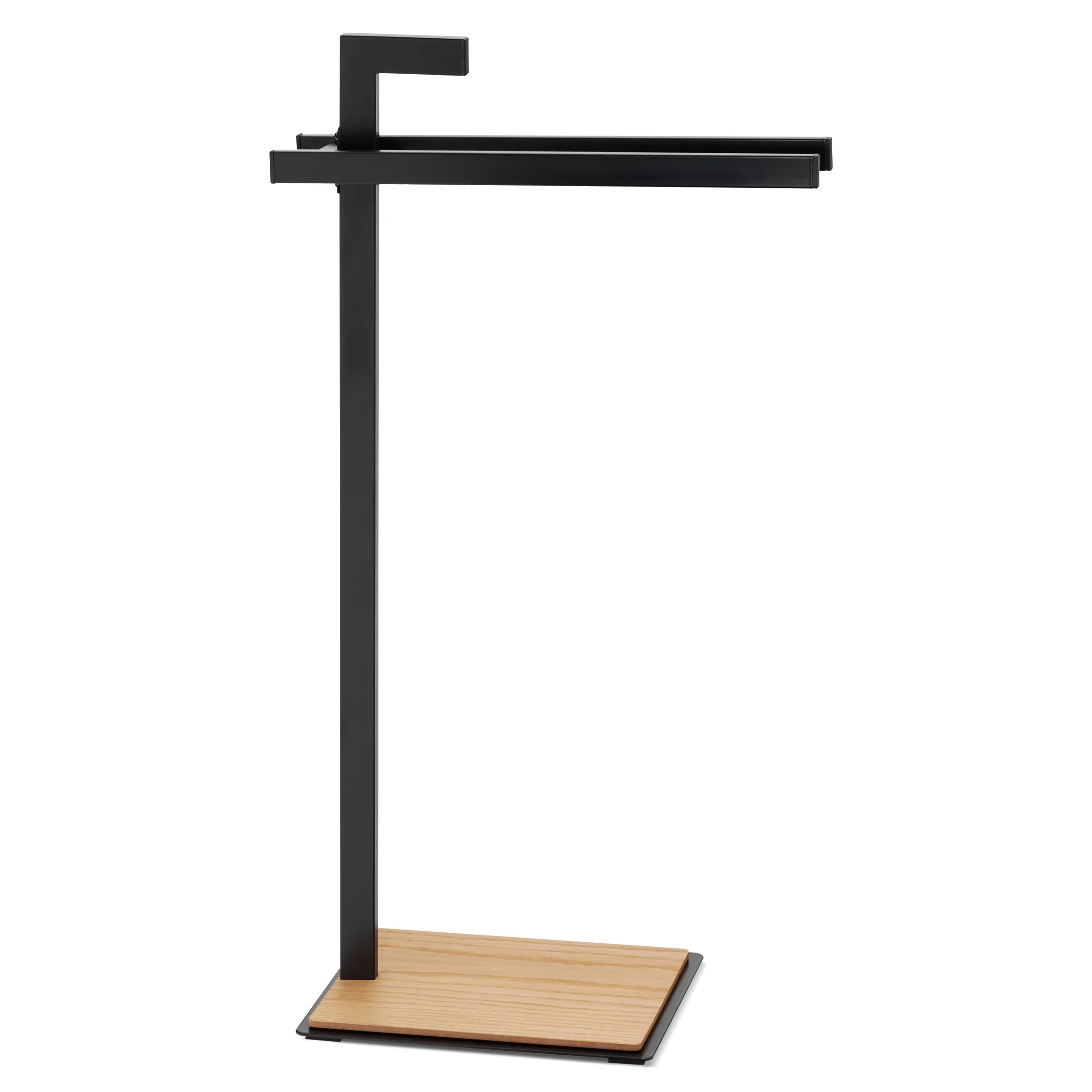 Kleiderständer schwarz mit Holzsockel - modernes Design Moderner schwarzer Kleiderständer mit Holzsockel und horizontaler Kleiderstange