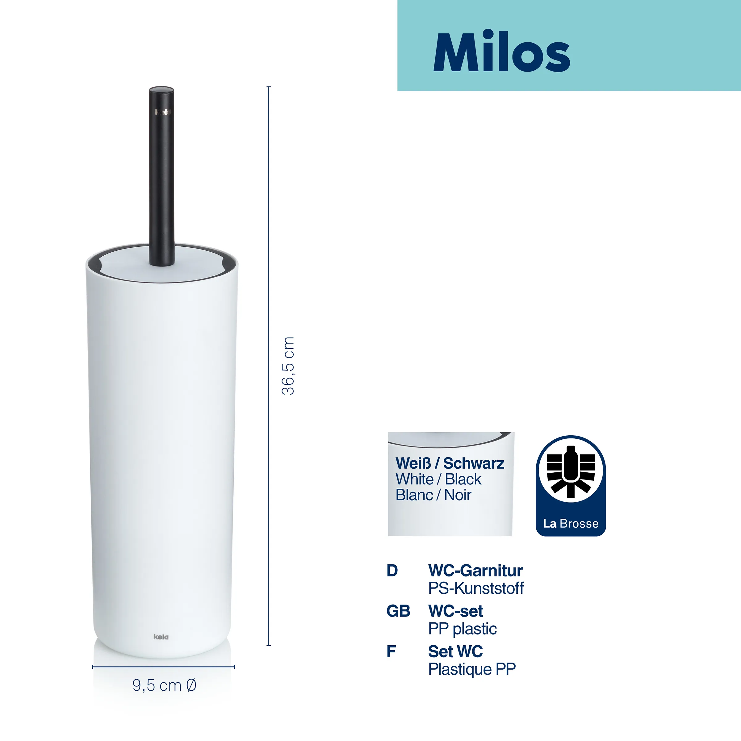 Milos WC-Bürste Weiß - La Brosse Toilettenbürste La Brosse Milos WC-Bürste in Weiß mit schwarzem Griff, zylindrisches Design, 36,5 cm Höhe, 9,5 cm Durchmesser.
