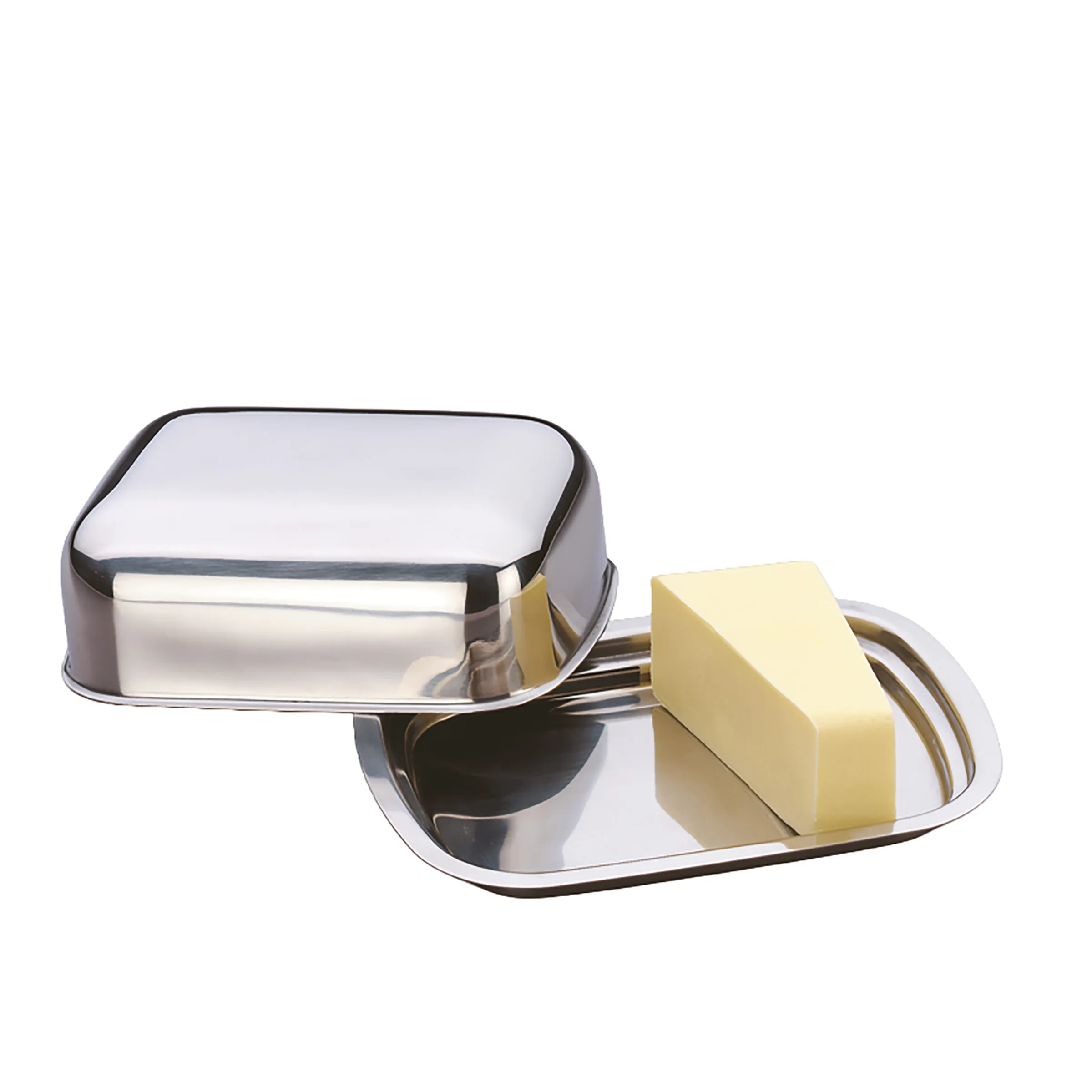 Edelstahl-Butterdose mit Deckel und Butterstück auf Tablett vor weißem Hintergrund