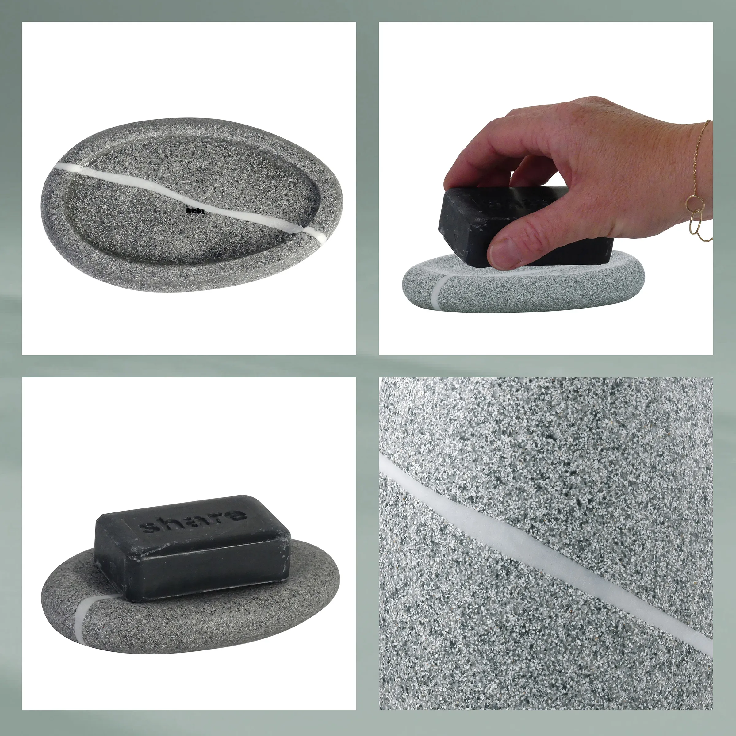 Granit-Seifenschale mit schwarzer Seife und Rillen zur Wasserableitung, Detailansichten aus verschiedenen Winkeln