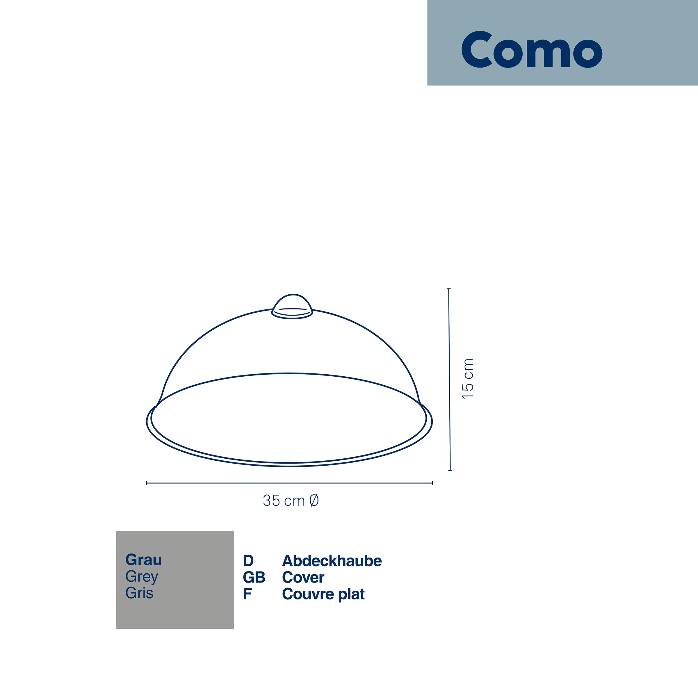Como Abdeckhaube Grau 35cm - Speiseglocke Cloche Graue Abdeckhaube Como mit Maßangaben: 35 cm Durchmesser und 15 cm Höhe, mit Griffknopf