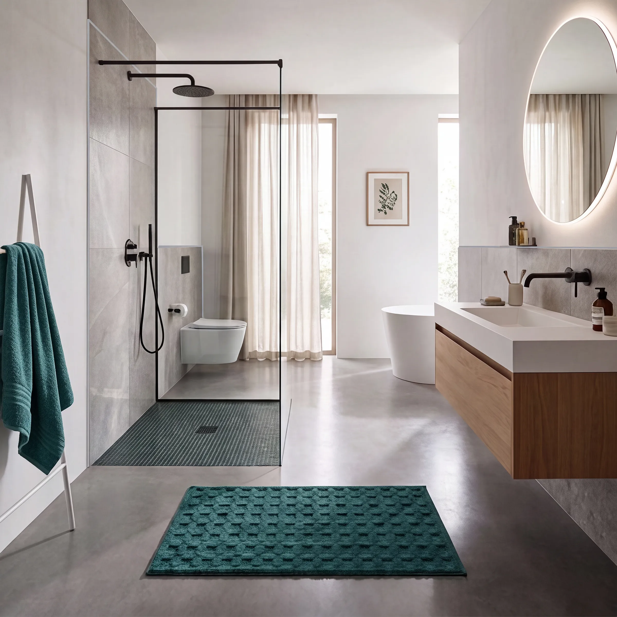 Modernes Badezimmer mit begehbarer Dusche und Holz-Waschtisch Modernes Badezimmer mit begehbarer Dusche, Waschtisch aus Holz, Badewanne und türkisfarbenen Akzenten