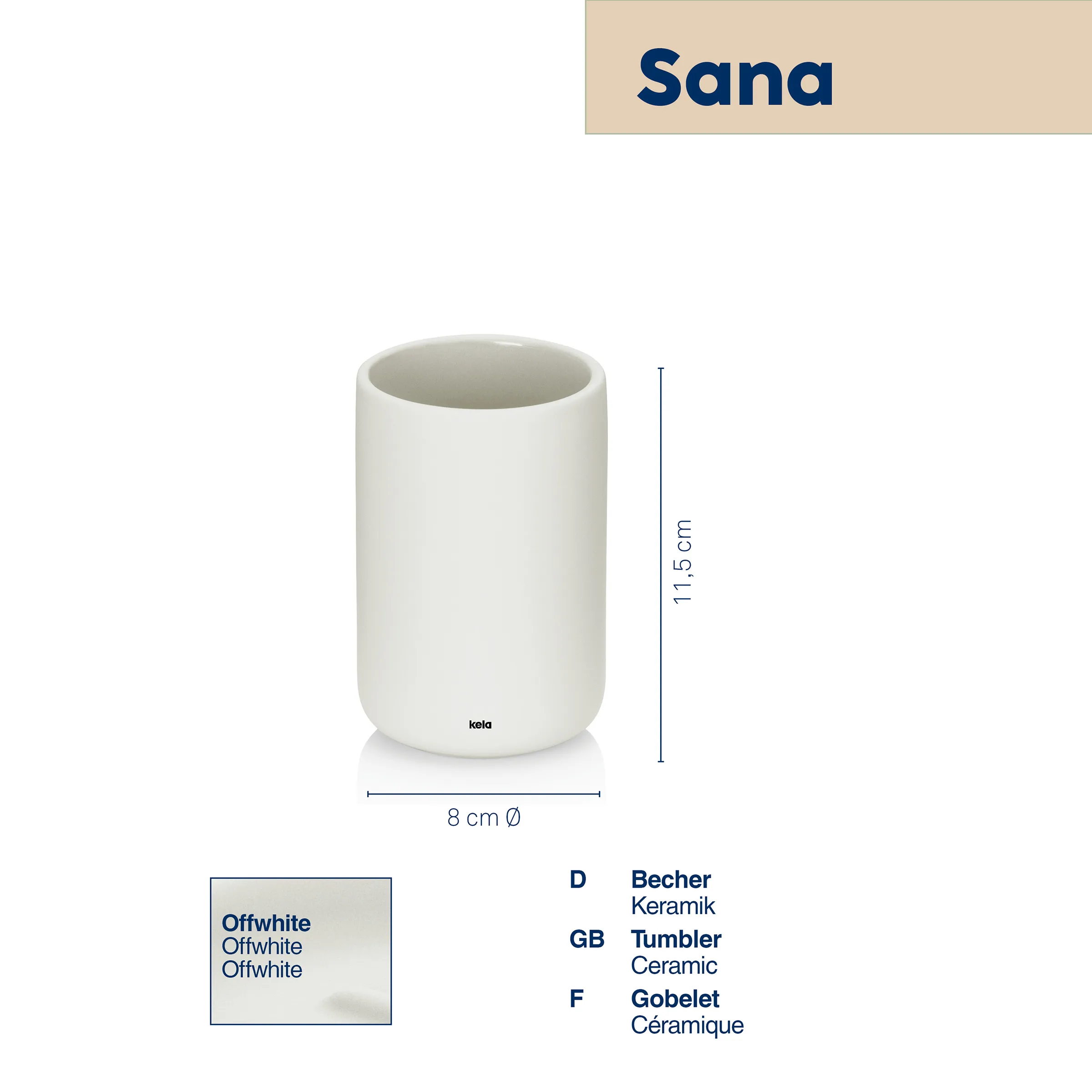 Sana Becher Keramik in Offwhite, 11,5 cm hoch, 8 cm Durchmesser, von Kela auf weißem Hintergrund