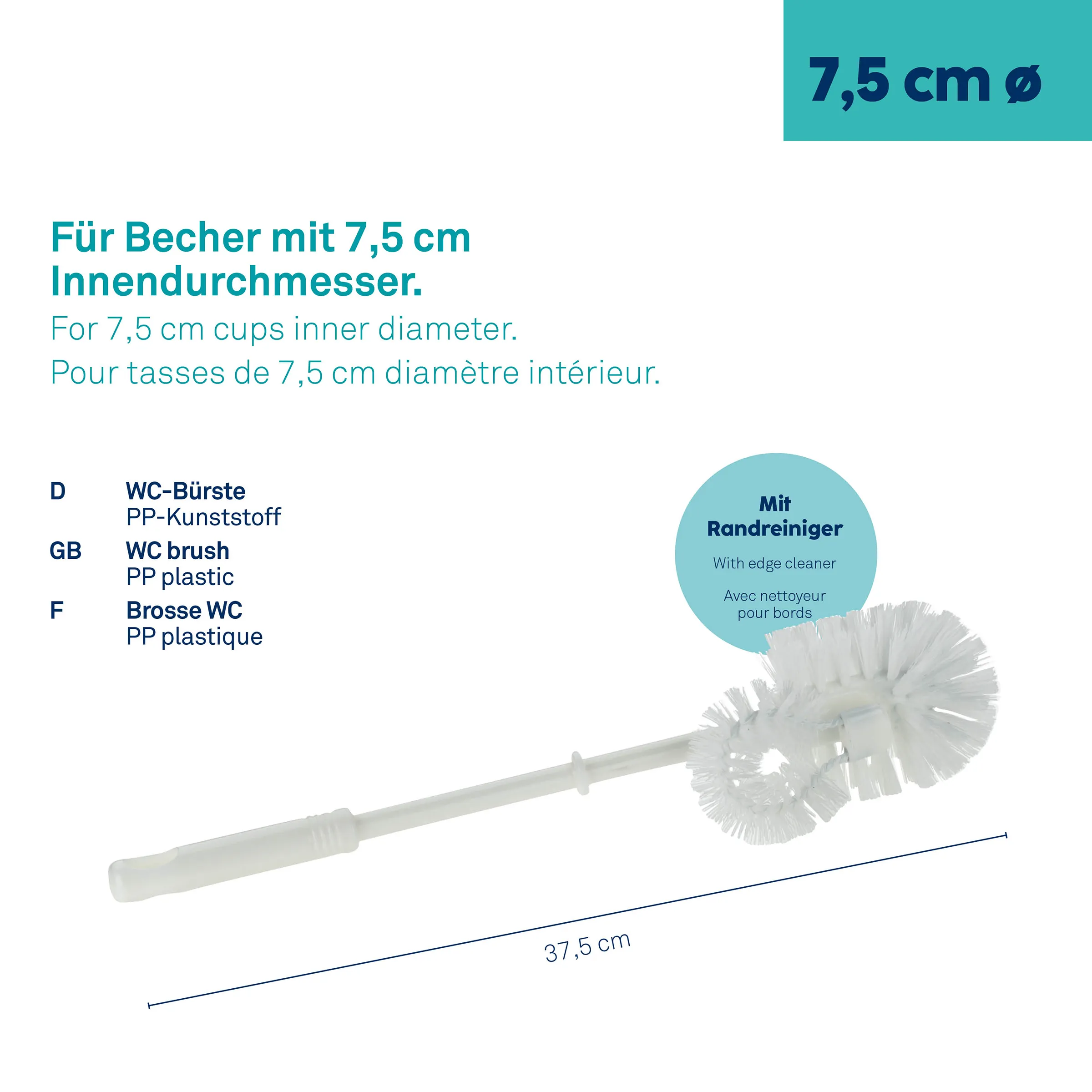 WC-Bürste 7,5 cm Innendurchmesser mit Randreiniger WC-Bürste mit Randreiniger für 7,5 cm Becher, 37,5 cm lang, weiße PP-Kunststoffbürste mit Griff