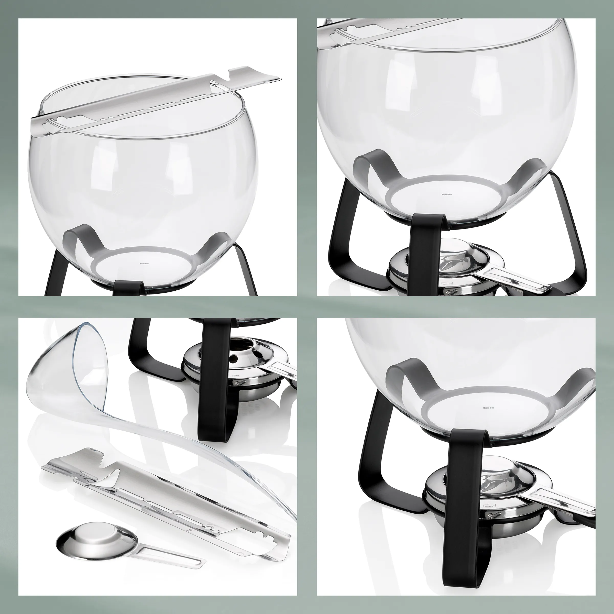 Fondue-Set mit Glasschüssel, Gestell und Fonduegabeln - Komplettes Fondue-Zubehör Fondue-Set mit Glasschüssel auf schwarzem Gestell, Brenner und Edelstahl-Fonduegabeln auf weißem Hintergrund