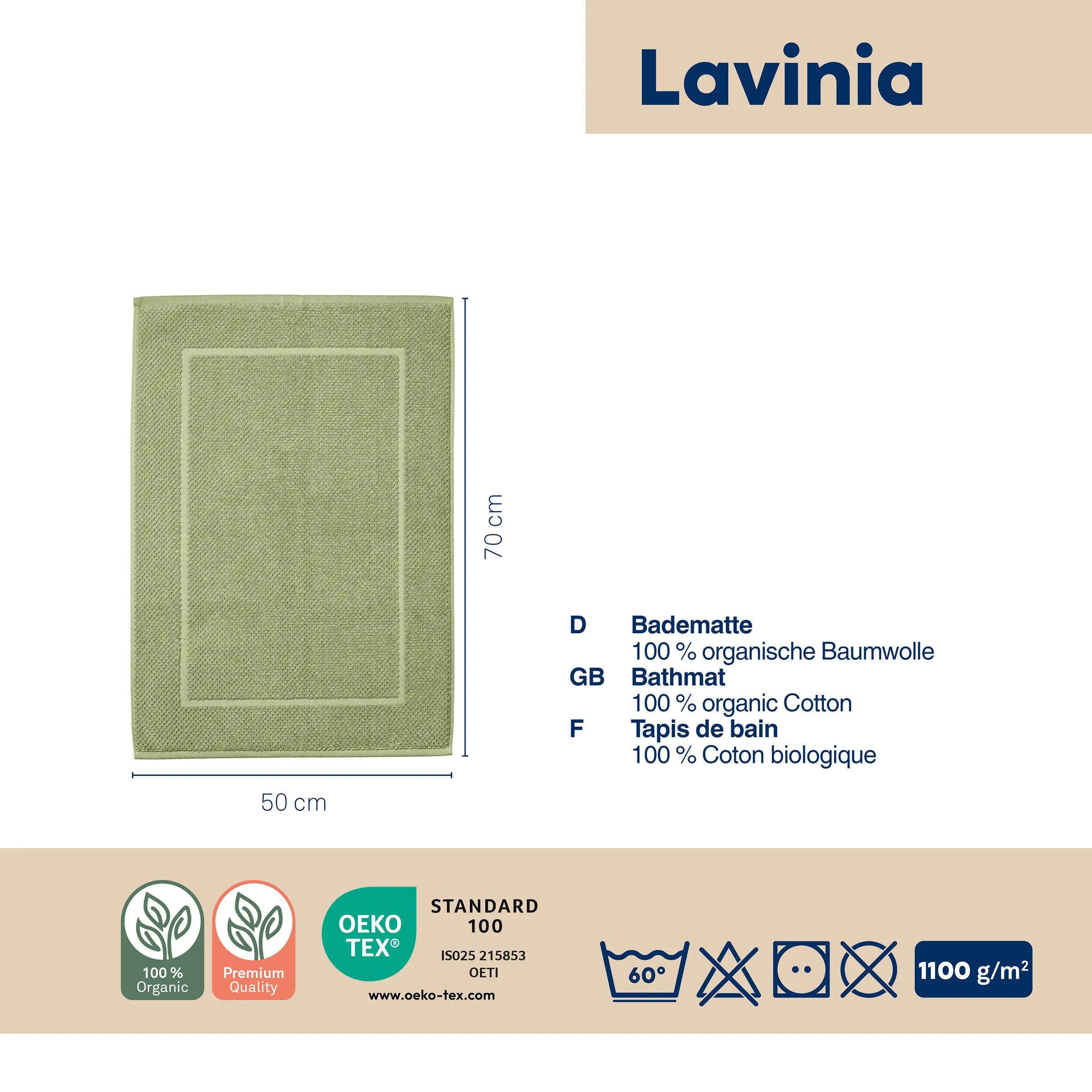 Lavinia Badematte Bio-Baumwolle 50x70 cm Lavinia Badematte aus 100% Bio-Baumwolle, grün, 50x70 cm mit OEKO-TEX Standard 100 Zertifizierung