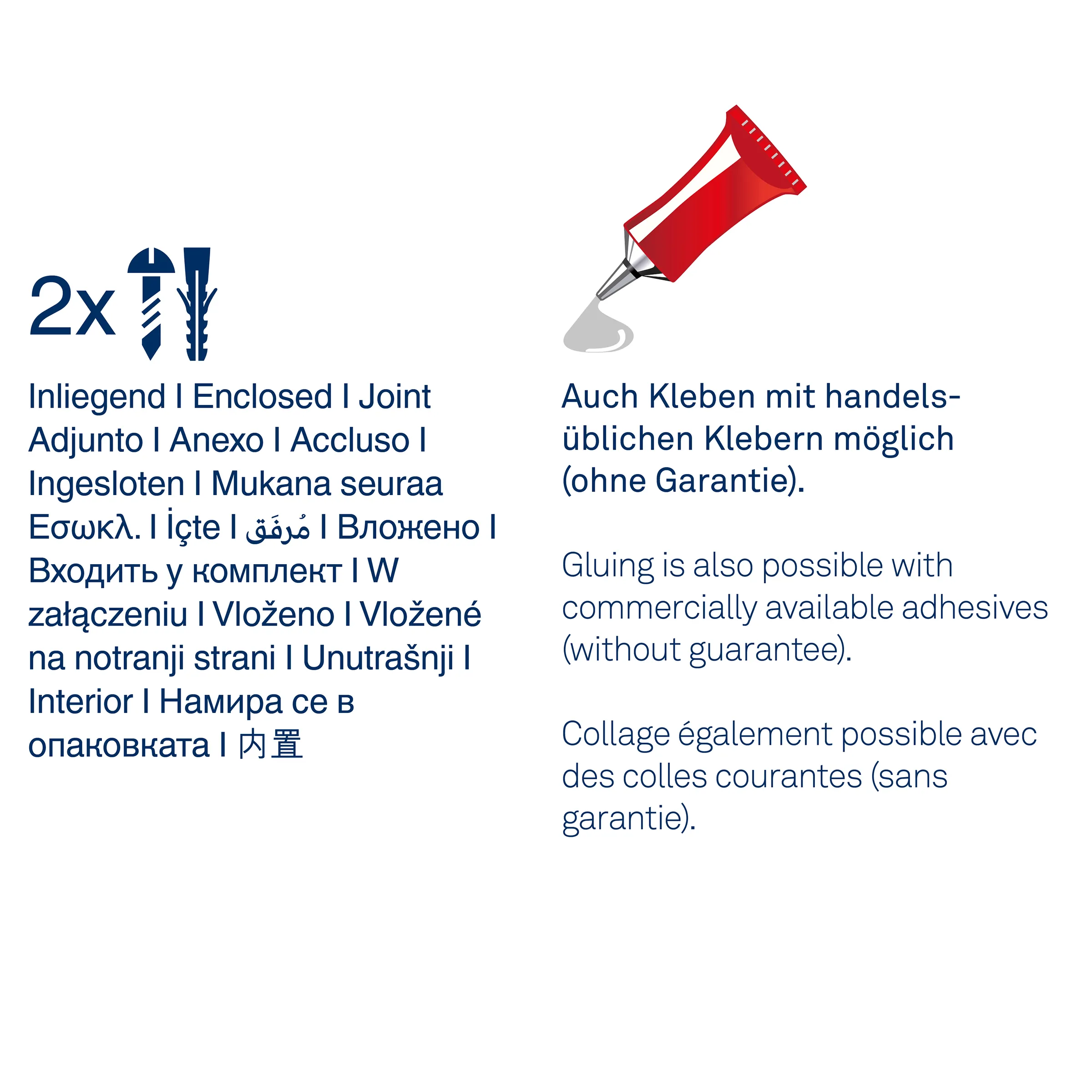 Befestigungsmaterial Dübel Schraube - Montagezubehör 2x Dübel und Schraube Illustration mit roter Tube Kleber und Hinweis auf alternative Klebstoffe