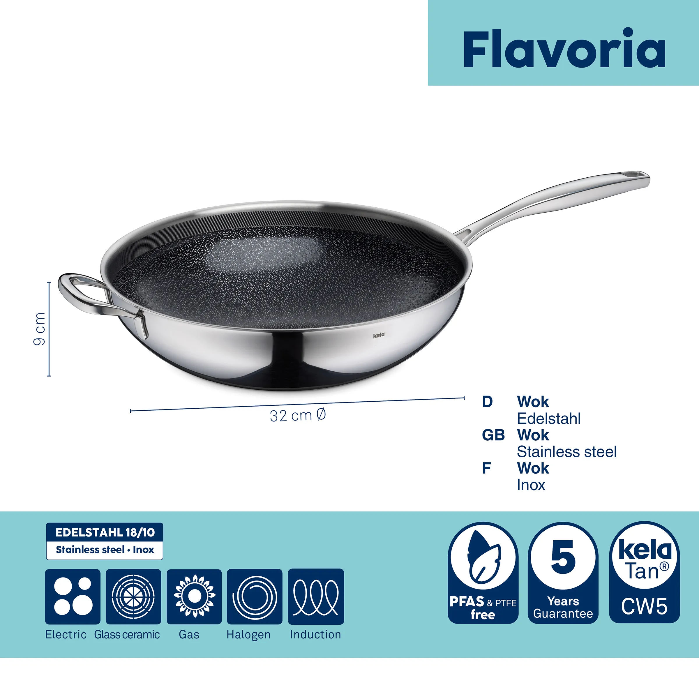 Edelstahl Wok 32cm Keramikbeschichtung - Flavoria Kochgeschirr Flavoria Edelstahl Wok mit 32 cm Durchmesser, schwarzer Keramikbeschichtung und ergonomischem Griff