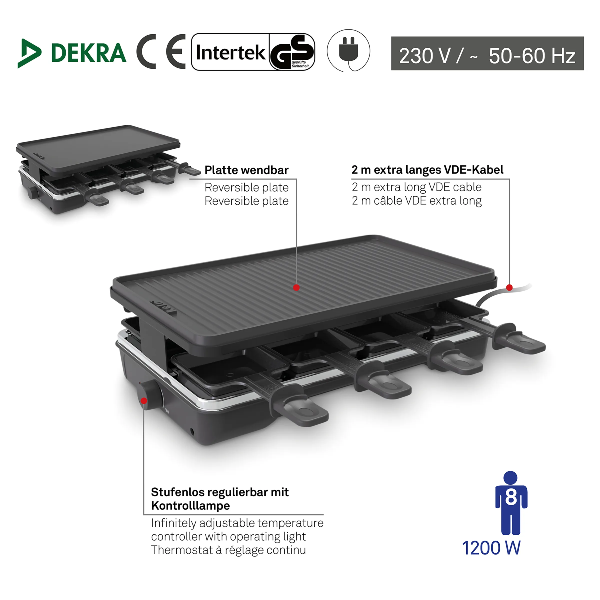 Raclette-Grill mit 1200W, reversibler Platte, stufenlosem Thermostat und 2m VDE-Kabel