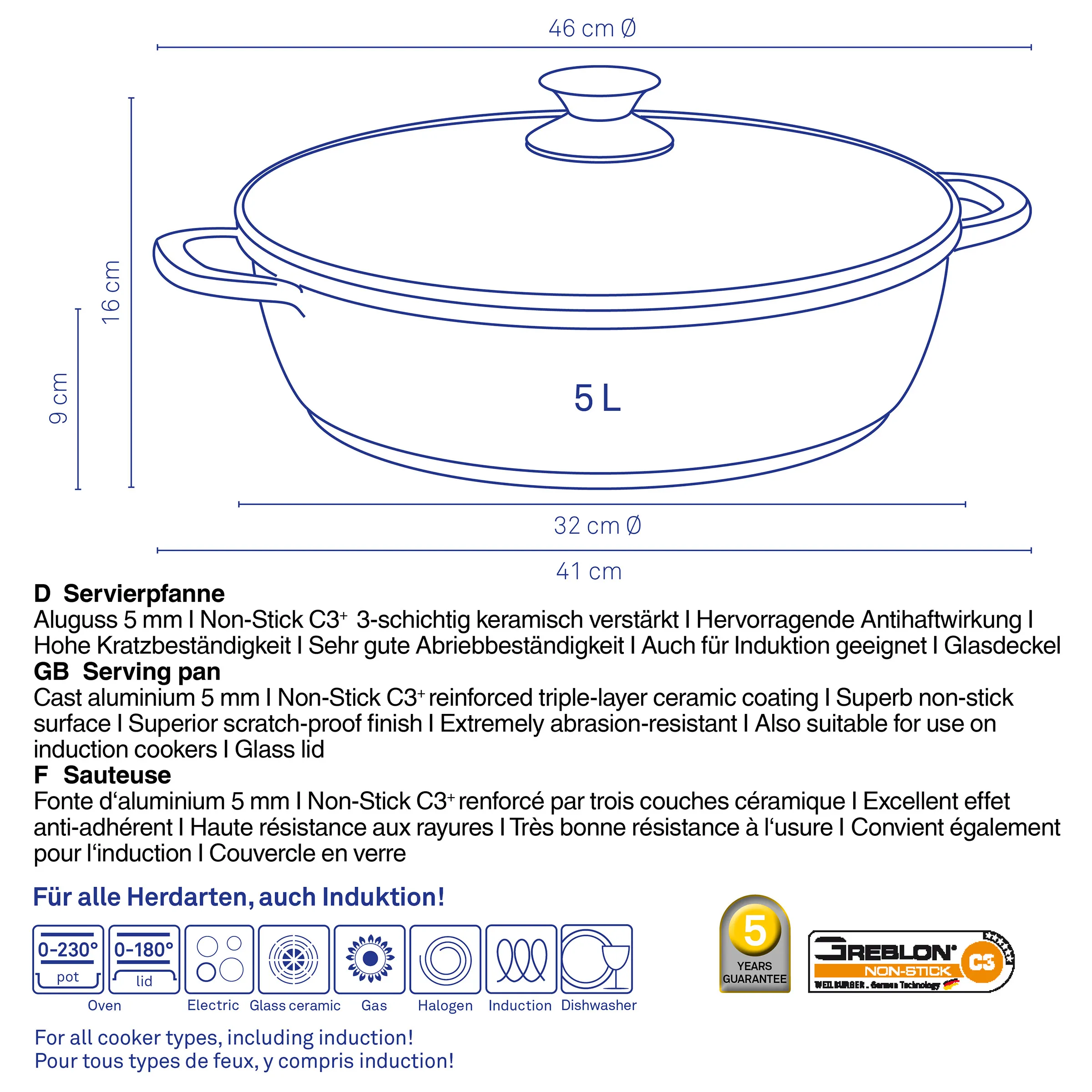 Servierpfanne 5L Induktion Aluminium Keramik Beschichtung Ø 46 cm Servierpfanne 5L mit Glasdeckel, Aluminium Non-Stick C3+ Keramikbeschichtung, für alle Herdarten inkl. Induktion