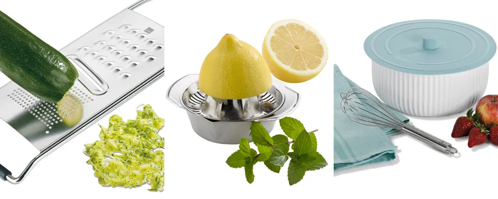 Küchenhelfer Set - Reibe, Zitruspresse, Rührschüssel und Schneebesen für die Küche Küchenhelfer Set mit Zucchini-Reibe, Zitruspresse, Rührschüssel mit Deckel und Schneebesen