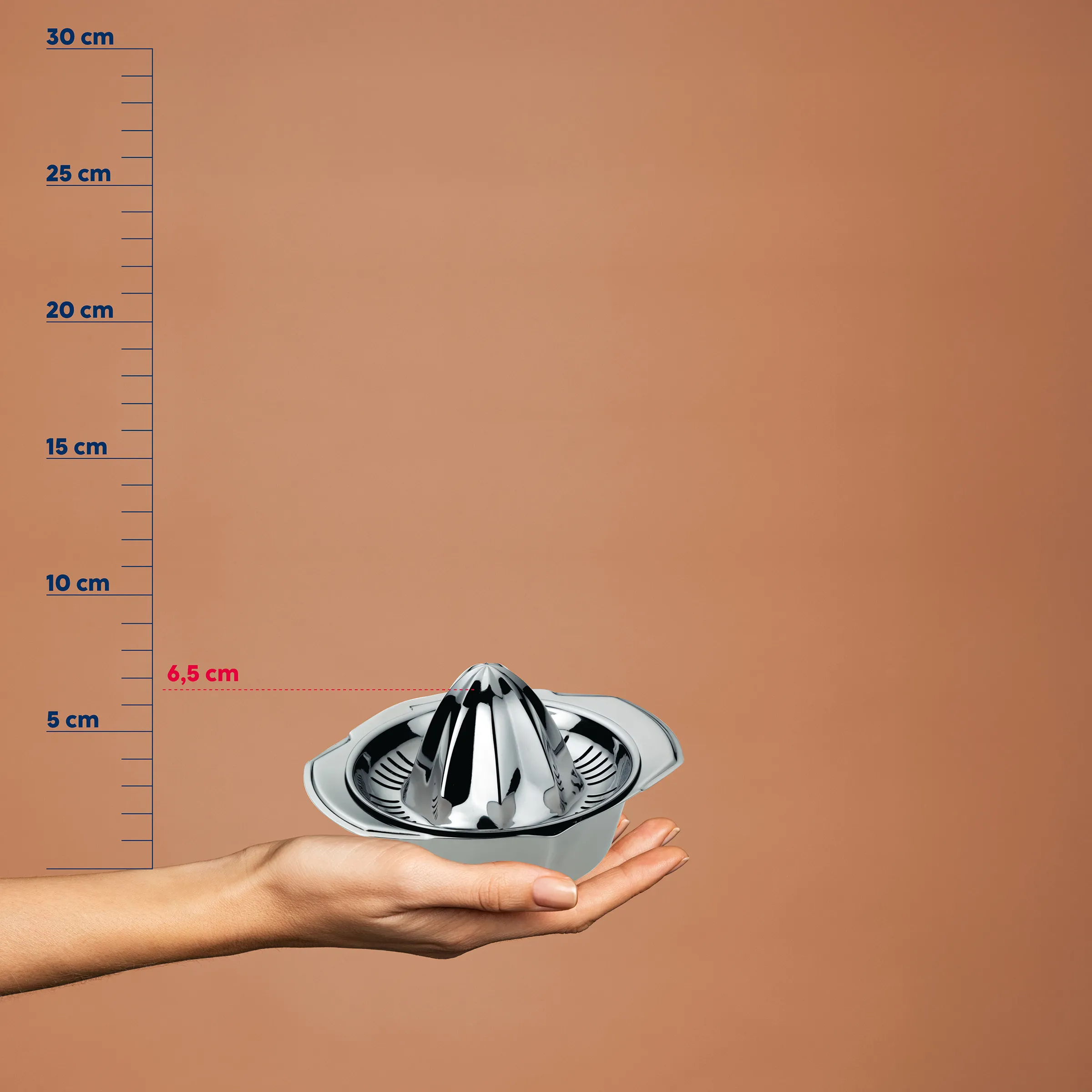 Zitruspresse Chrom – kompakte manuelle Saftpresse 6,5 cm Chrom-Zitruspresse in Hand gehalten mit Maßstab, zeigt Höhe von 6,5 cm