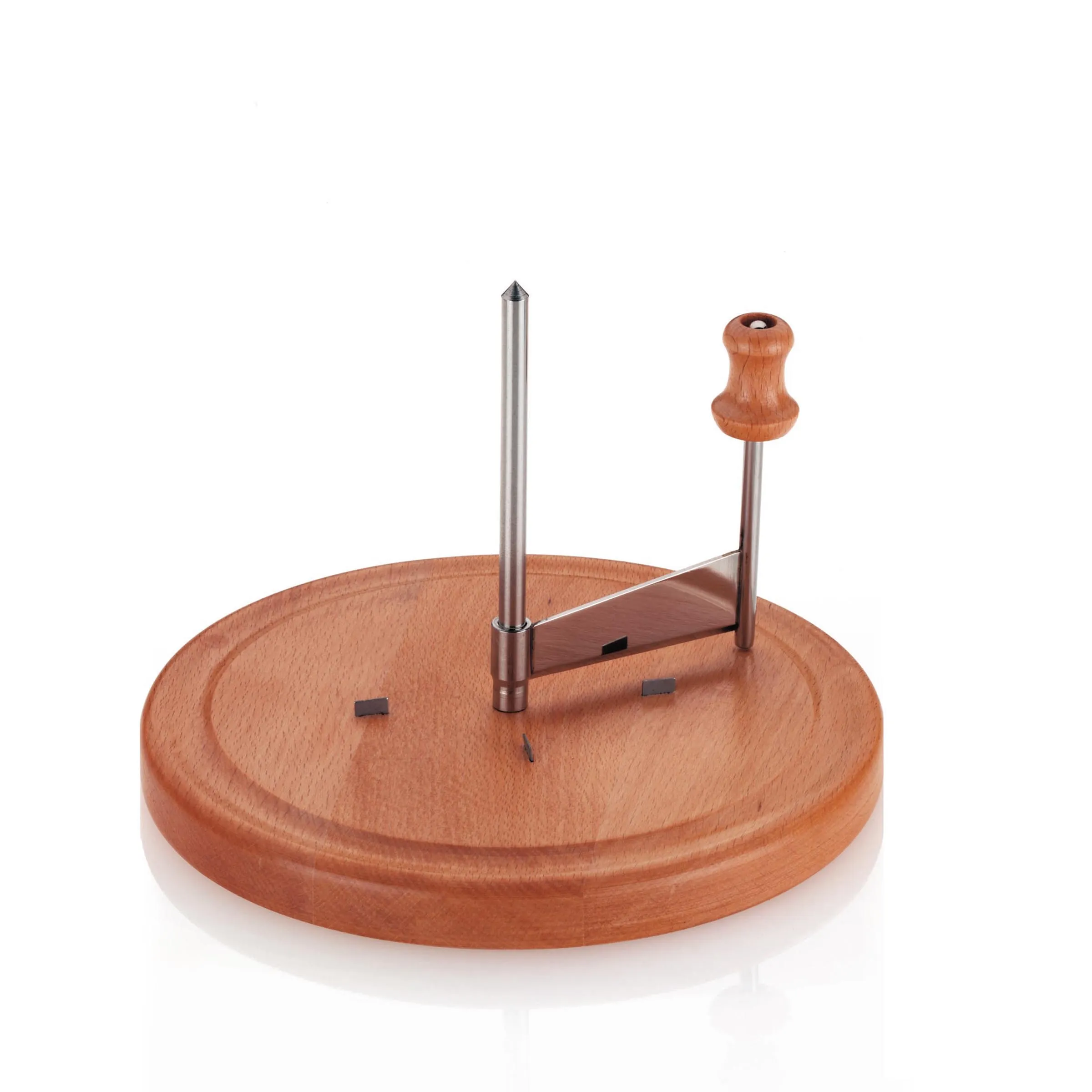 Holz Küchenständer mit Metallstiften Holzständer mit runder Basis und zwei metallenen Stiften, einer mit Holzgriff für Küchenutensilien