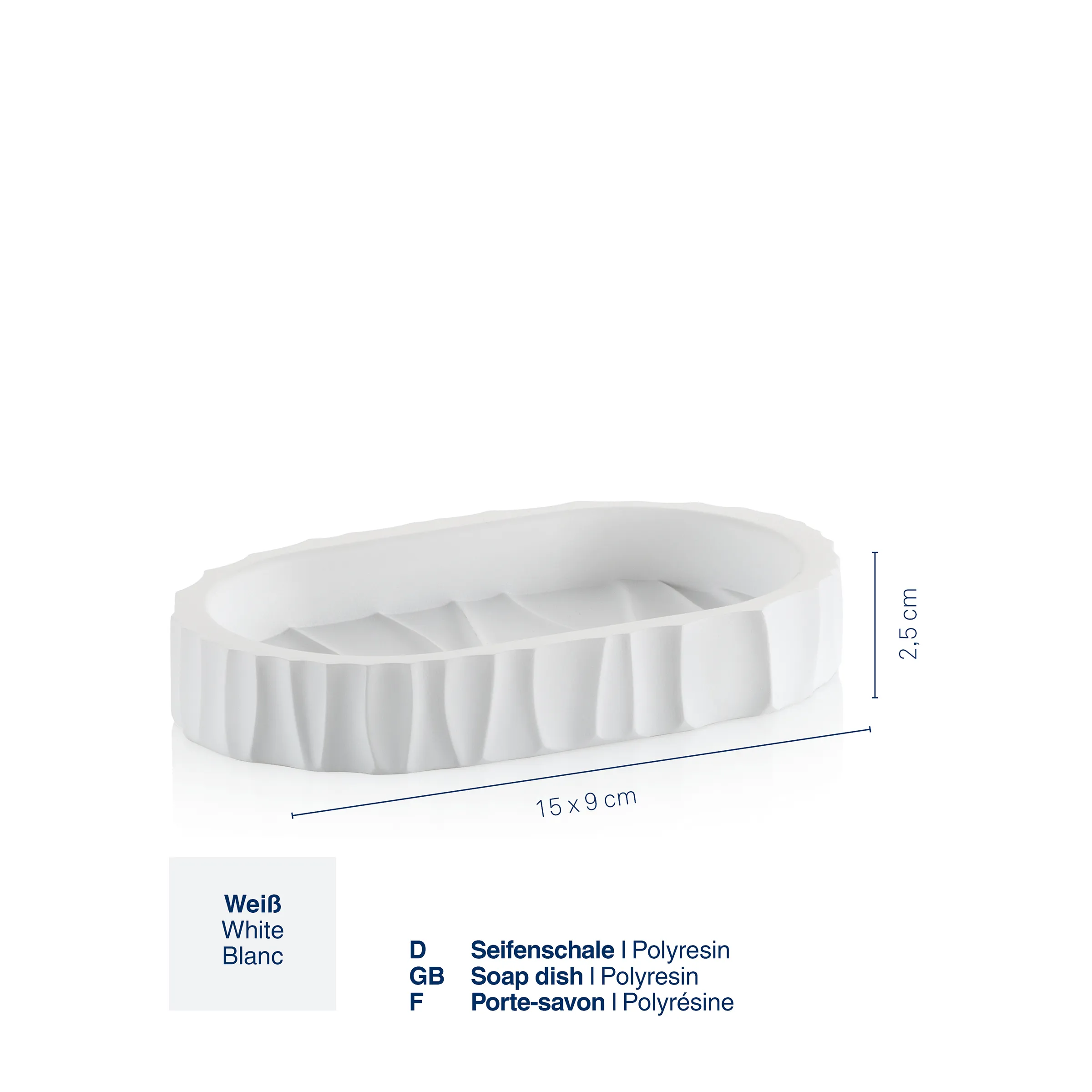 Weiße Seifenschale aus Polyresin mit gerilltem Design, 15 x 9 x 2,5 cm