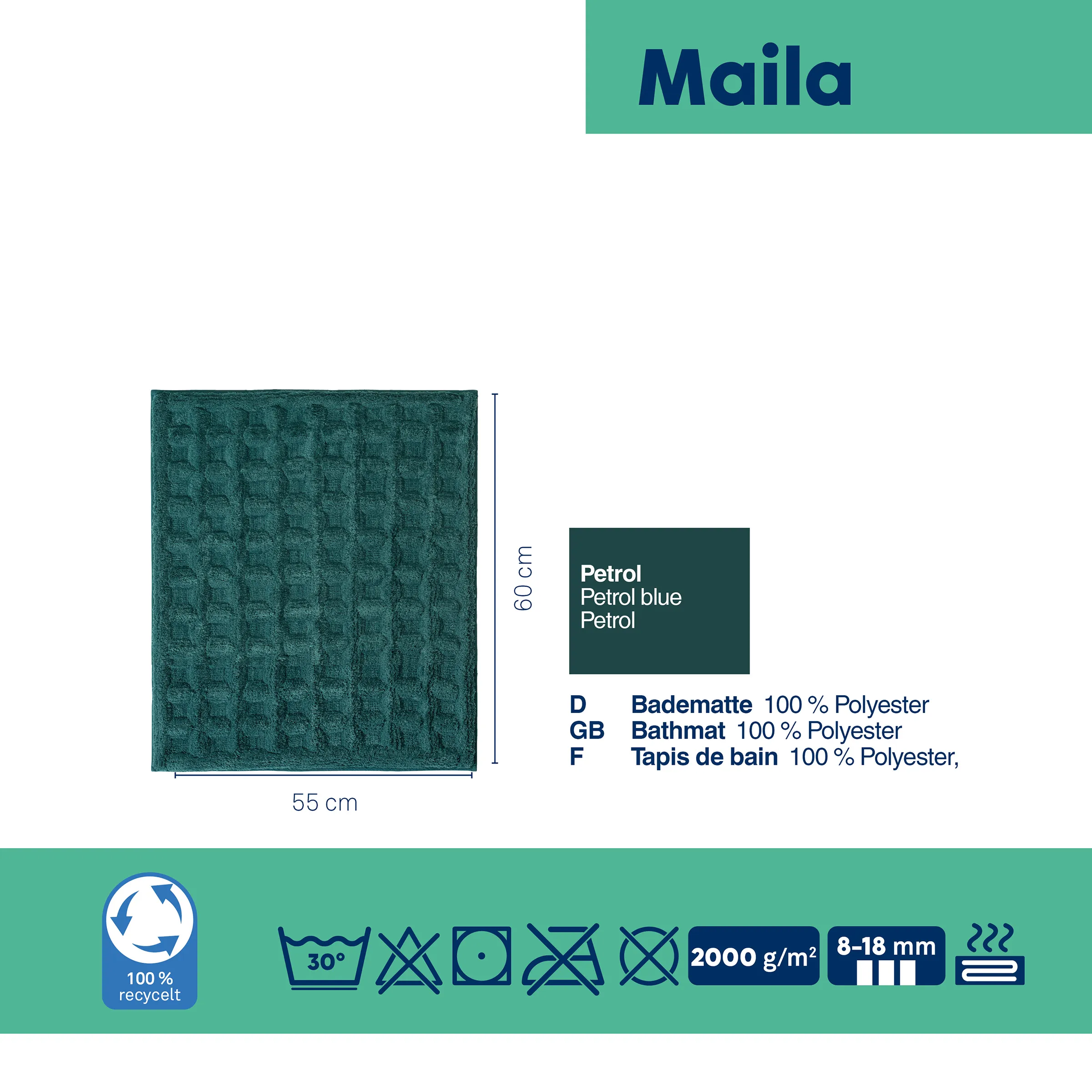 Maila Badematte in Petrol, 55 x 60 cm, 100% Polyester, strukturiertes Muster, 2000 g/m²