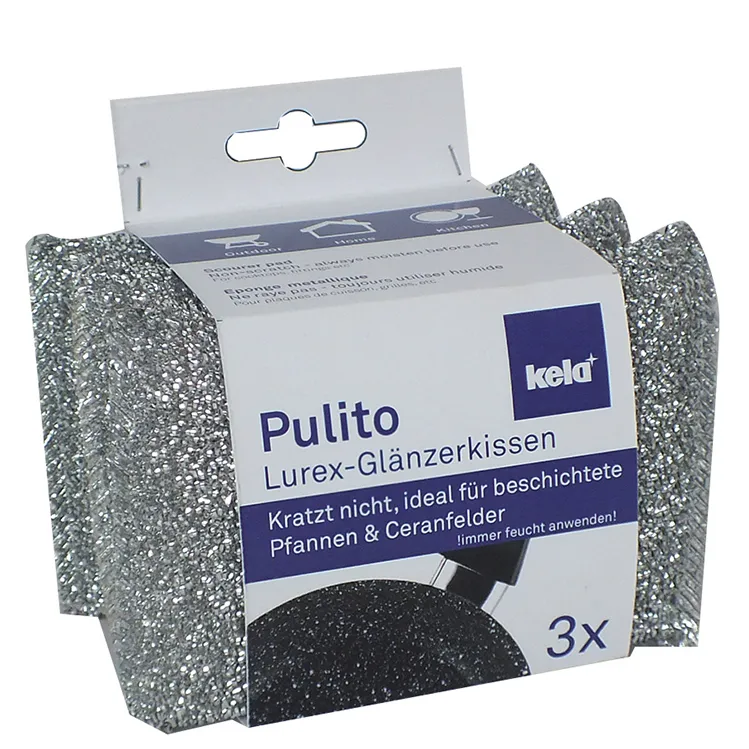 Pulito Lurex-Glänzerkissen - Scheuerschwamm Set für Pfannen Kela Pulito Lurex-Glänzerkissen 3er-Set mit grauem glänzendem und schwarzem strukturiertem Material für Pfannen und Ceranfeld-Reinigung