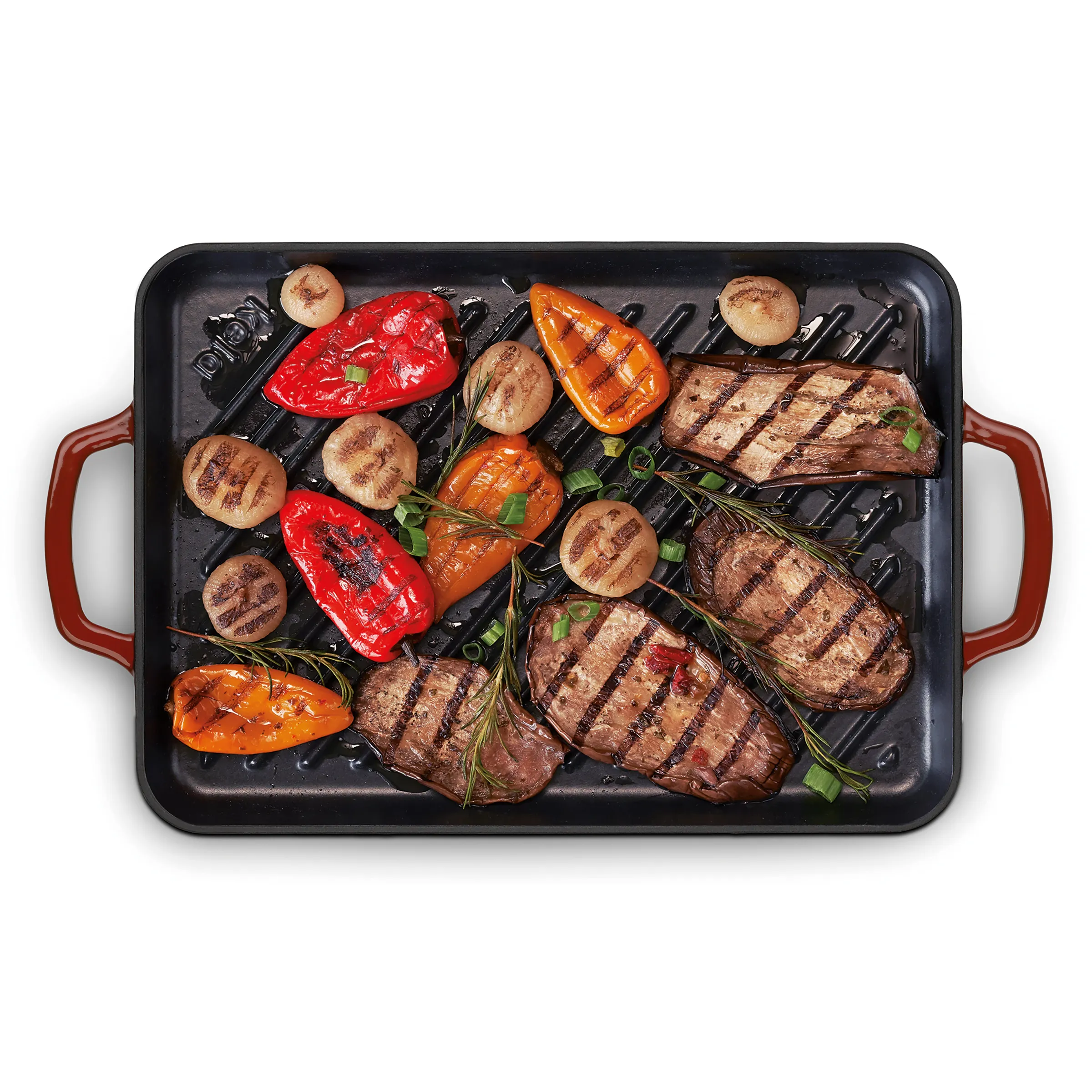 Gusseisen-Grillplatte mit gegrilltem Steak, Gemüse und Pilzen mit Kräutern und Grillmarks