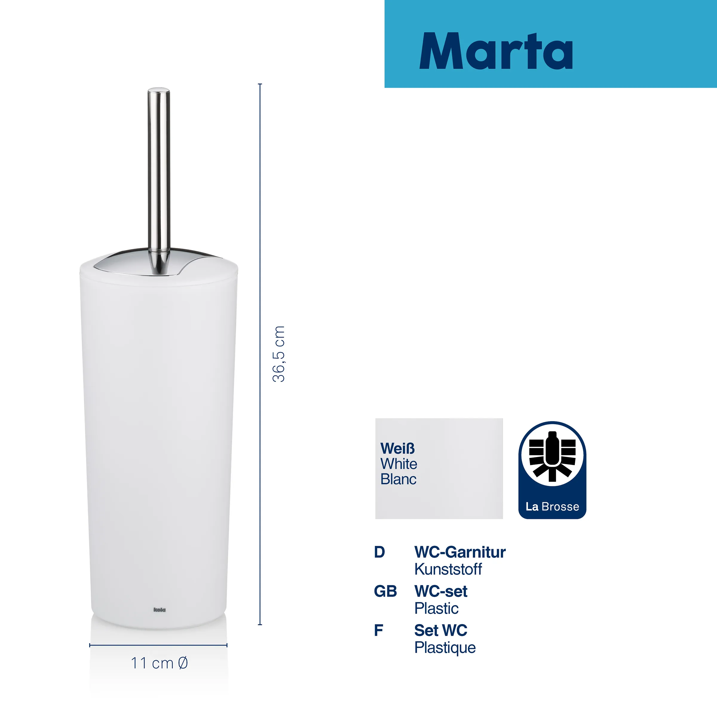 WC-Garnitur Marta weiß Kunststoff mit Edelstahlbürste 36,5 cm Weiße WC-Garnitur Marta aus Kunststoff mit Edelstahlbürste, 36,5 cm hoch und 11 cm Durchmesser, La Brosse Qualität