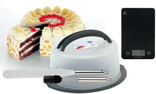 Kuchendeko-Set mit Torte, Spatel, Pinsel, digitaler Waage und Drehteller für professionelle Zuckergussarbeiten