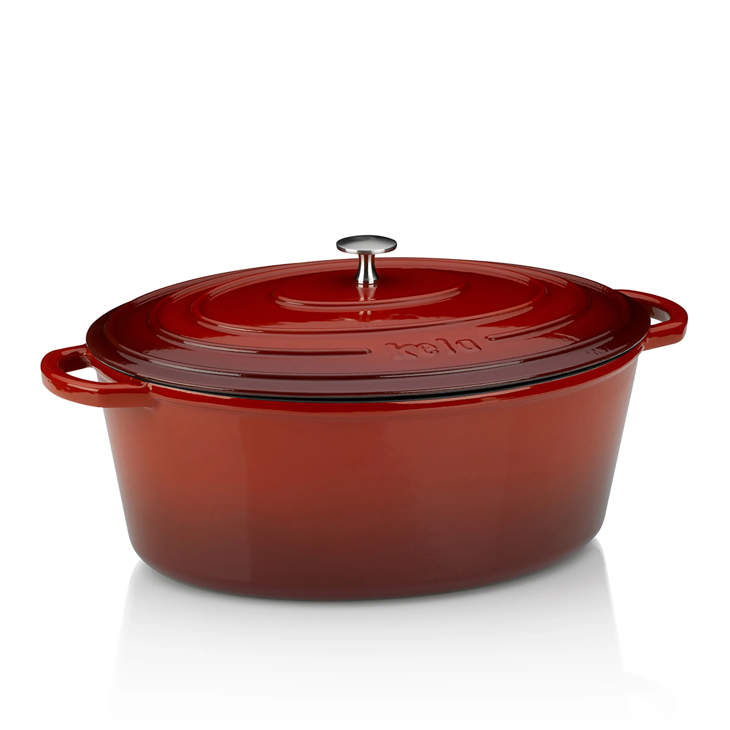 Gusseisen-Bräter rot oval Emaille Rote ovale Gusseisen-Bräter mit Deckel und Griffe, glänzend emailliert mit Markenlogo