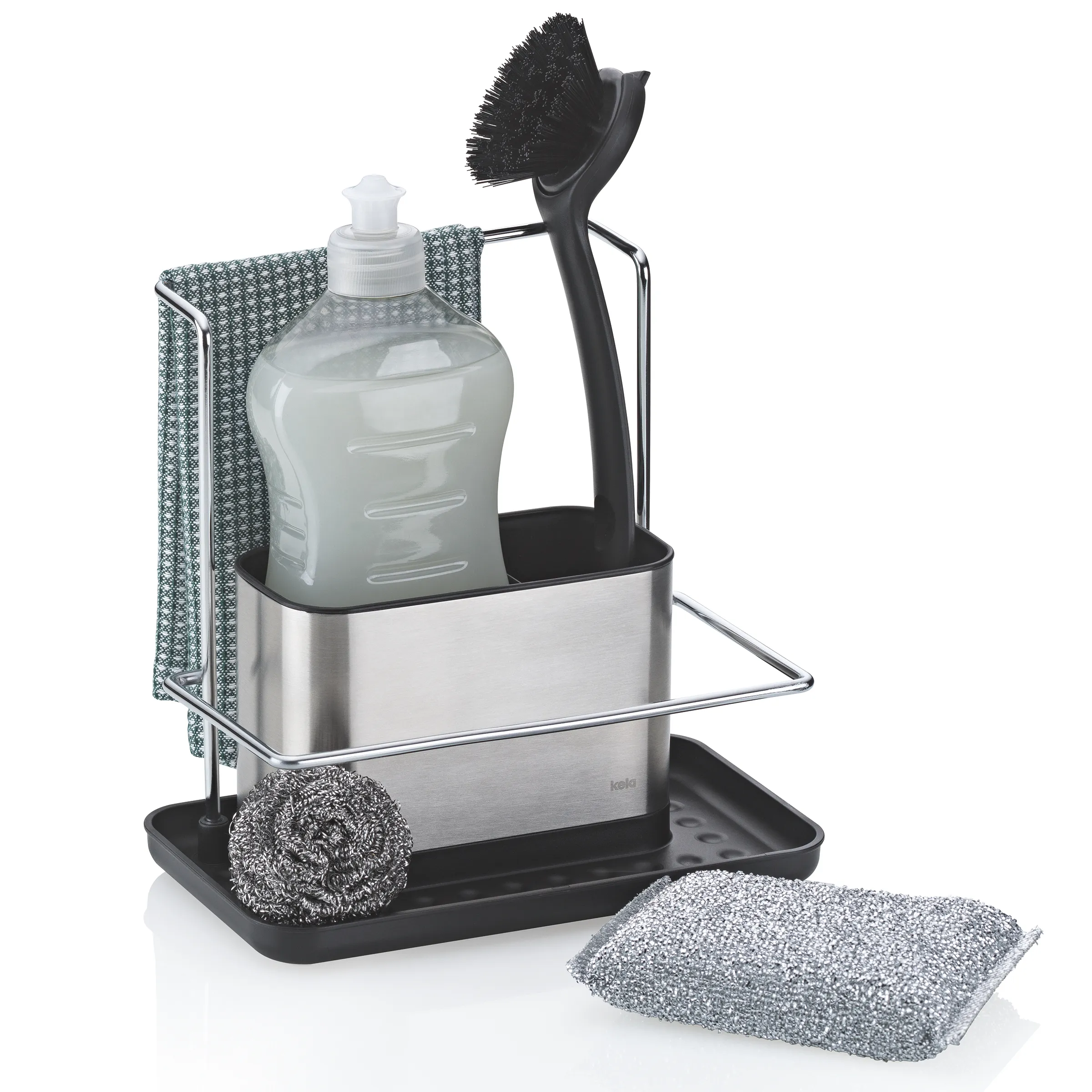 Spülbecken-Organizer Set mit Spülmittelspender, Bürste und Schwammhalter Edelstahl Spülorganizer aus Edelstahl mit Spülmittelflasche, Bürste, Schwämmen und Spültuch auf Abtropfschale