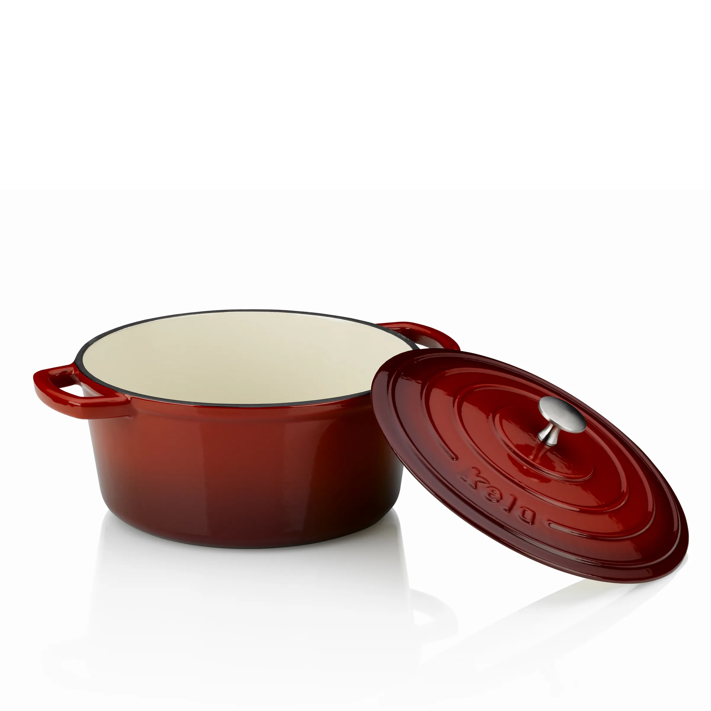 Gusseisen Bräter rot - Gusseisentopf mit Deckel Rote Gusseisen-Bräter mit Deckel, cremefarbenes Innenleben, ovale Form mit zwei Griffen