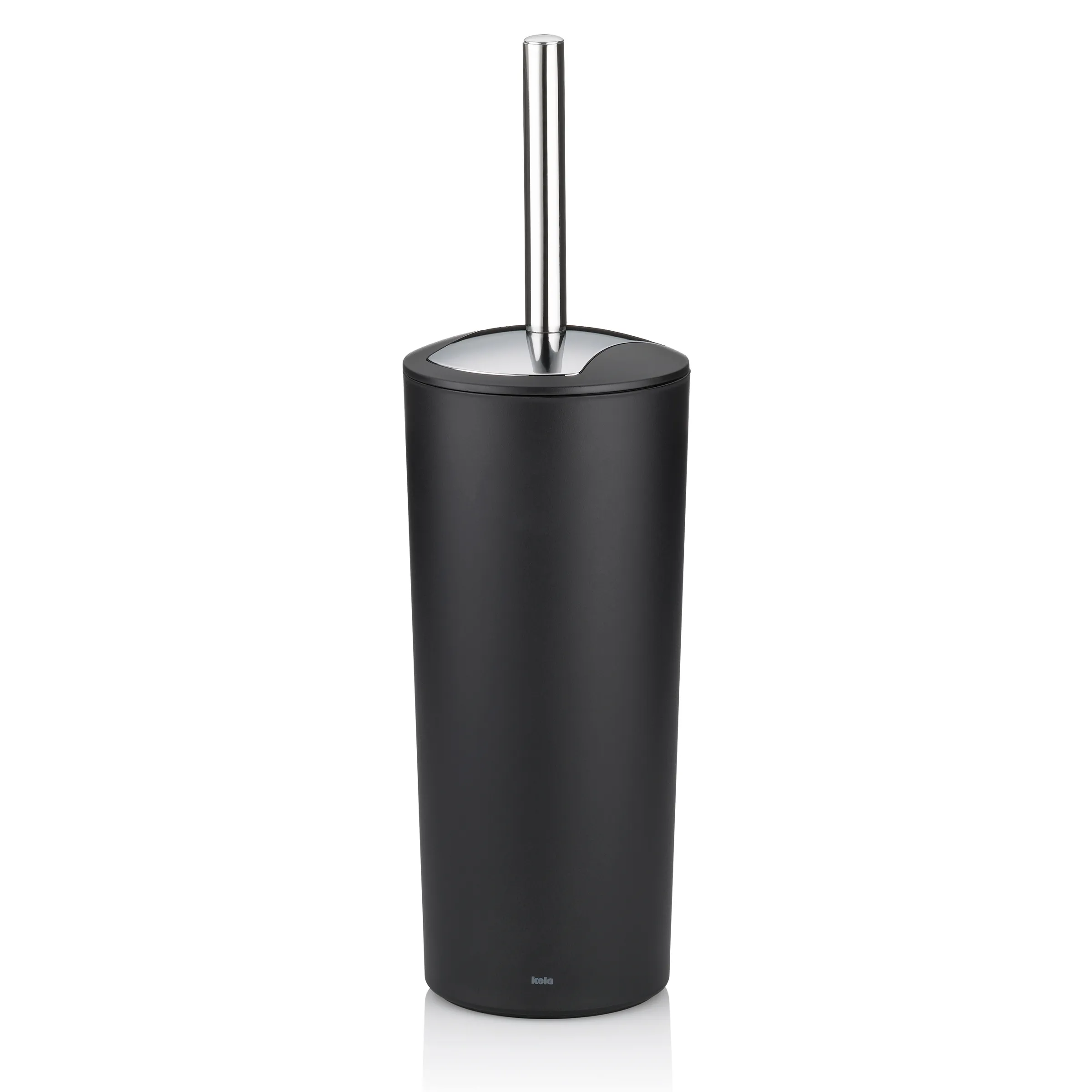 Schwarze Toilettenbürste mit Edelstahlstiel und silberner Krone, minimalistisches Design