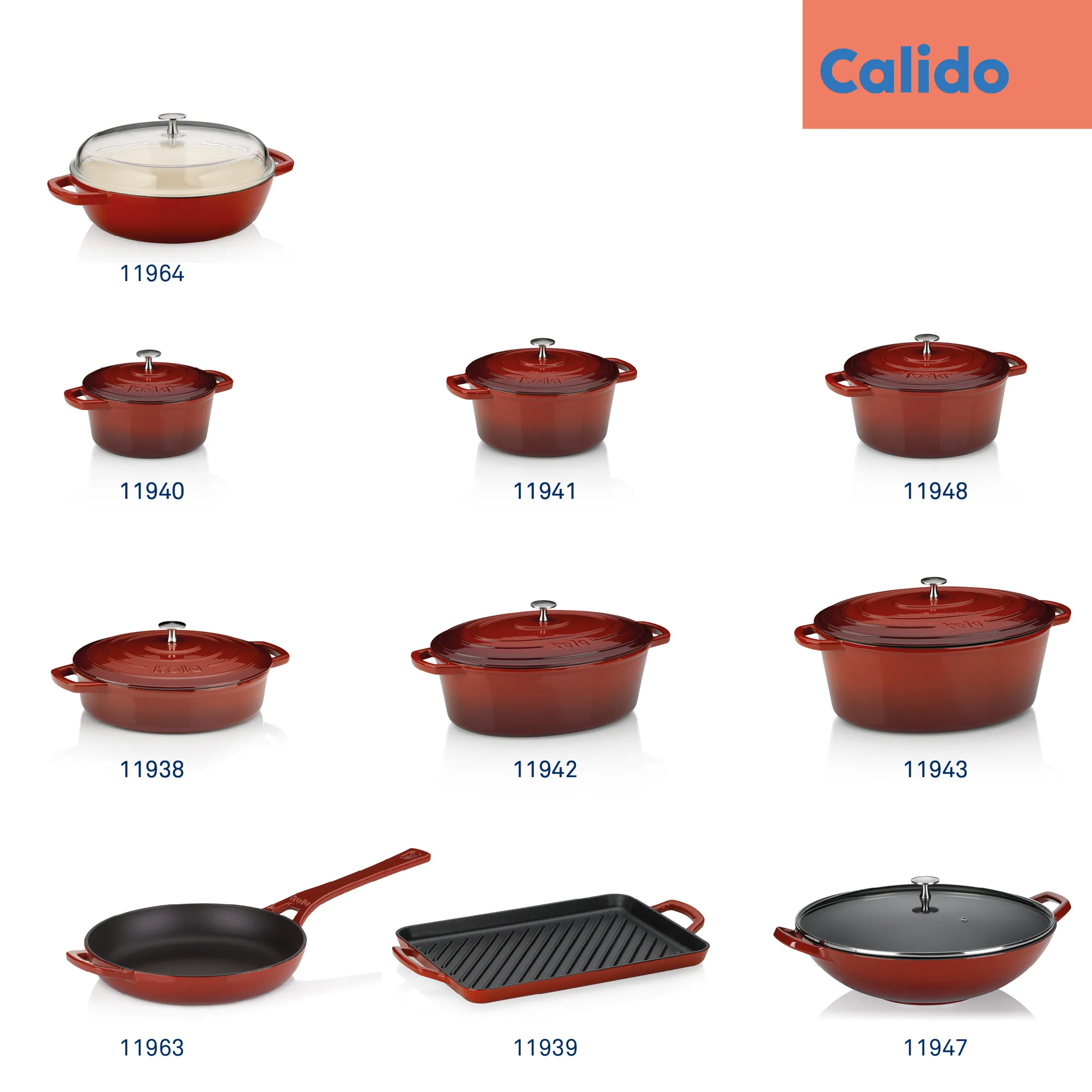 Calido Gusseisen Kochgeschirr Set - Bräter und Pfannen Kollektion Calido Kochgeschirr-Kollektion: Rote Gusseisen-Bräter, Pfannen und Grillpfanne mit verschiedenen Größen und Designs