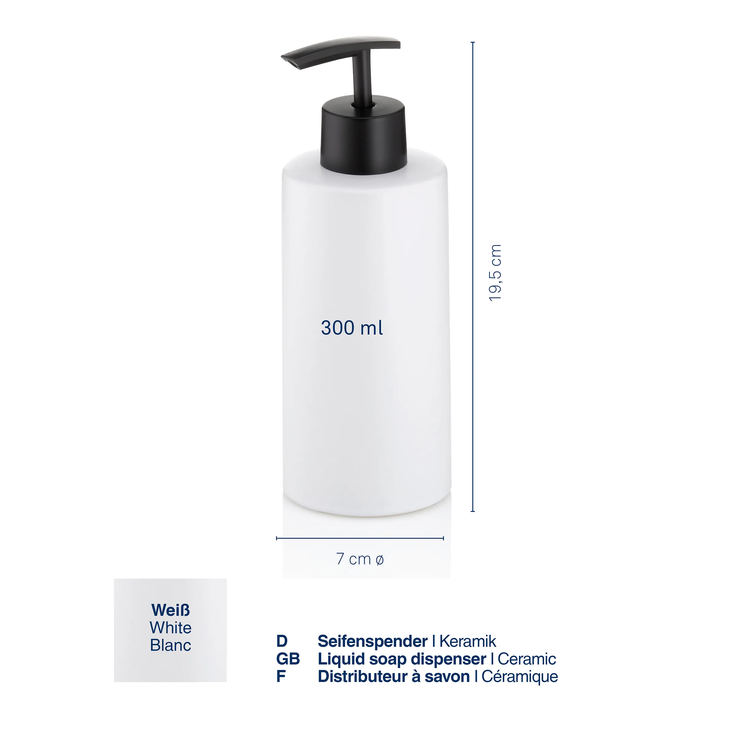 Seifenspender Keramik weiß 300ml Weiße Seifenspender aus Keramik mit schwarzem Pumpkopf, 300 ml Volumen, 19,5 cm Höhe und 7 cm Durchmesser