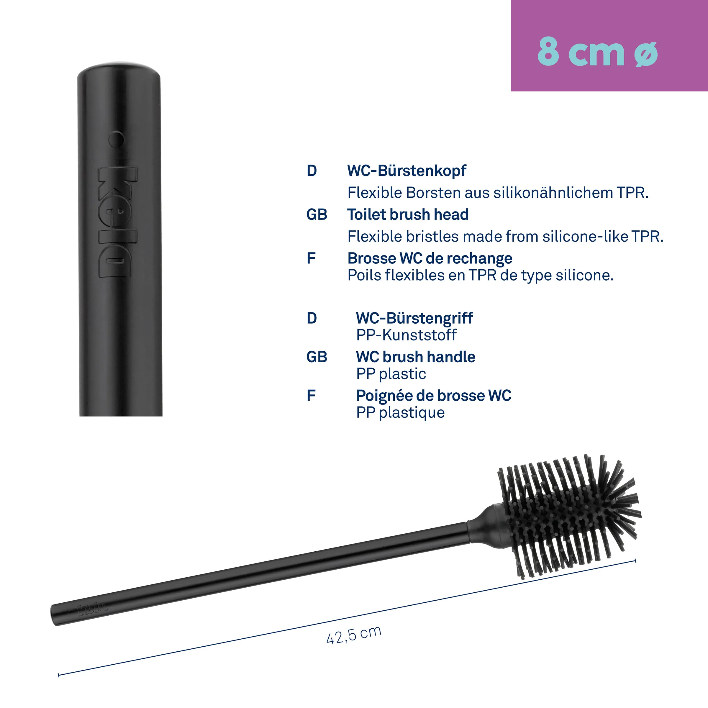 WC-Bürste schwarz mit flexiblem Bürstenkopf aus TPR - 42,5 cm Toilettenbürste Schwarze WC-Bürste mit flexiblem Bürstenkopf aus TPR und PP-Kunststoffgriff, 42,5 cm lang, 8 cm Durchmesser