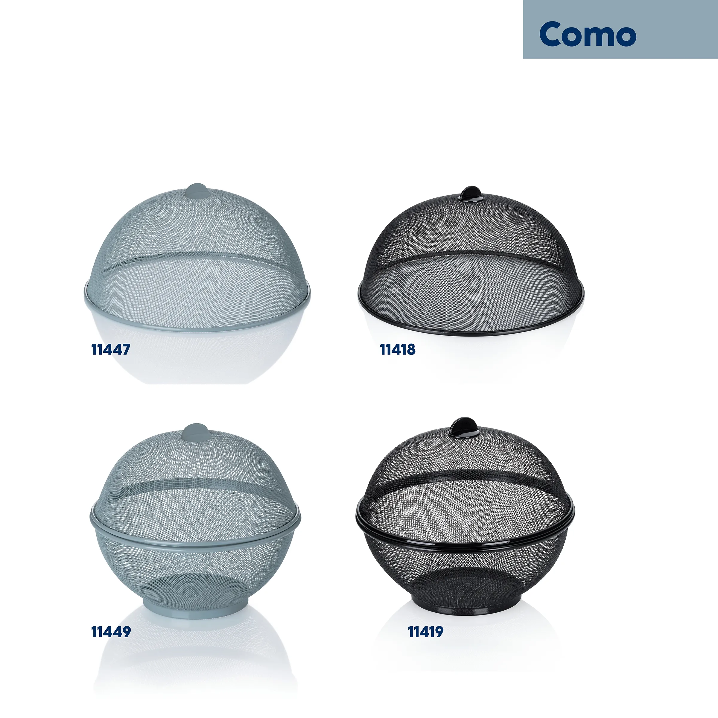 Como Grillkuppel Mesh - Grillabdeckung in verschiedenen Varianten Vier Mesh-Grillkuppeln von Como in Hellblau und Schwarz mit Nummern 11447, 11418, 11449 und 11419