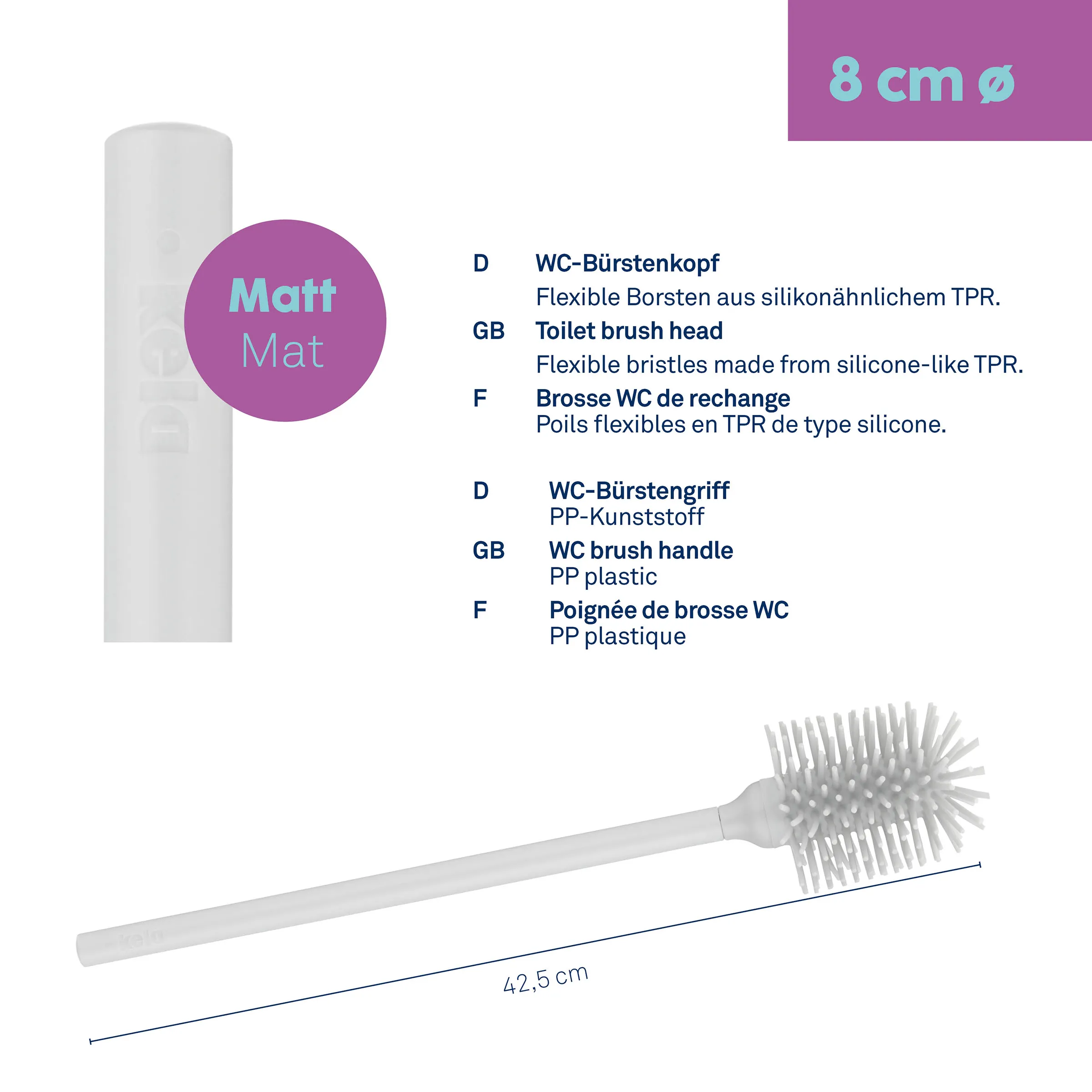 WC-Bürste mit flexiblem Bürstenkopf und Kunststoffgriff – 42,5 cm WC-Bürste mit flexiblem Bürstenkopf aus TPR und PP-Kunststoffgriff, 42,5 cm lang, matt weiß, 8 cm Durchmesser