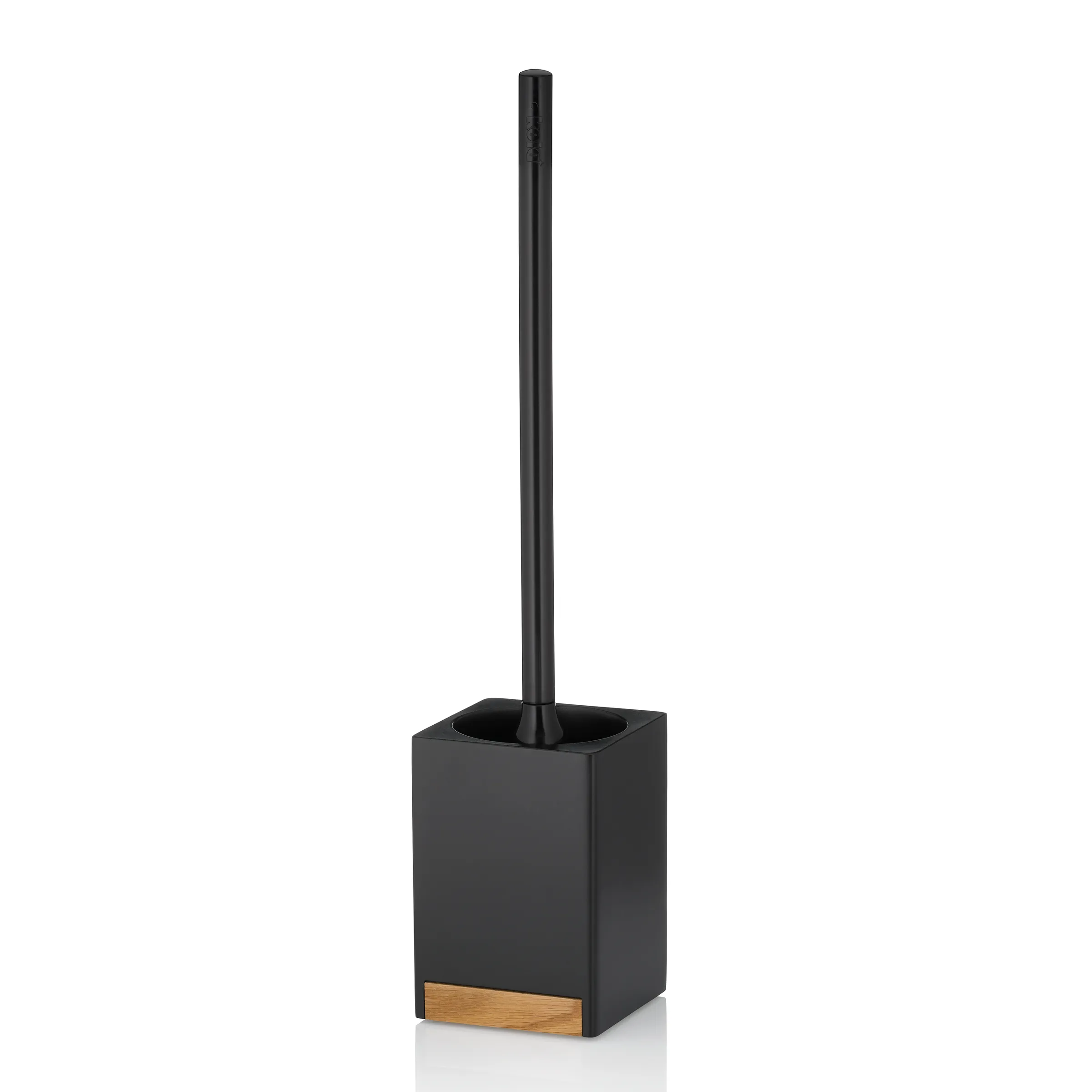 Toilettenbürste schwarz mit Halter und Holzdesign Schwarze Toilettenbürste mit eckiger Behältervase und Holzakzent an der Basis