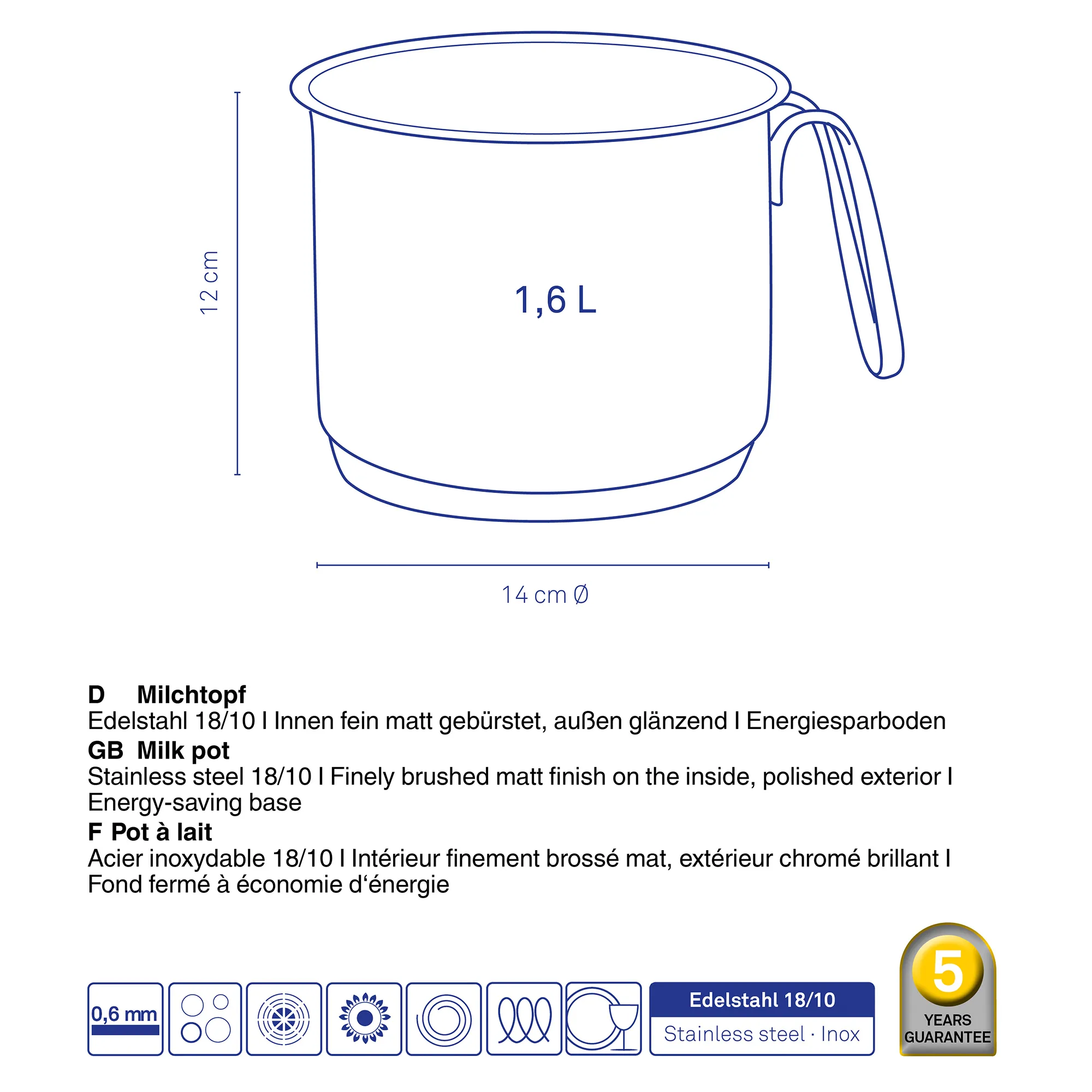 Milchtopf Edelstahl 1,6L Induktion Energiesparboden Edelstahl Milchtopf 1,6 Liter mit 14 cm Durchmesser, 12 cm Höhe und Energiesparboden