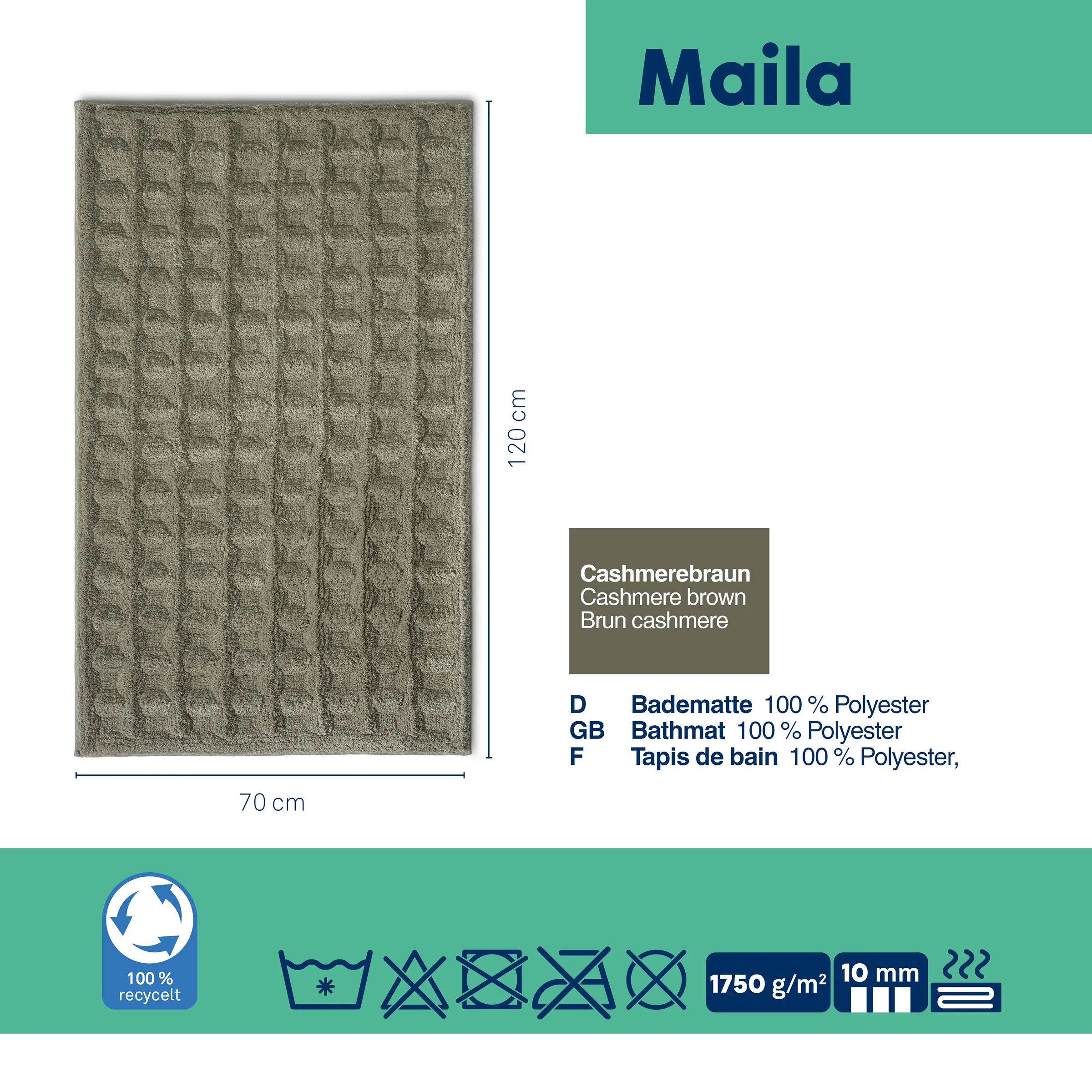 Badematte Maila Cashmerebraun 70x120 cm Polyester Badematte Maila in Cashmerebraun, 70 x 120 cm, strukturiertes Muster aus 100% Polyester