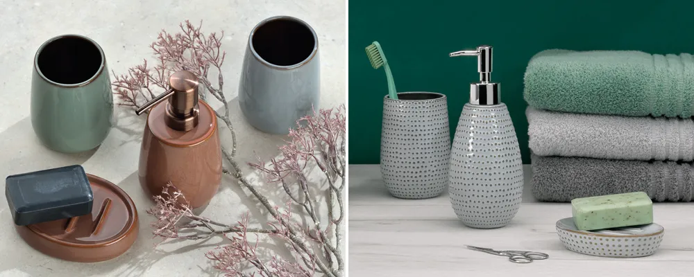 Badezimmer-Accessoire-Sets aus Keramik mit Seifenspendern, Zahnputzbechern und Seifenschalen in verschiedenen Farben